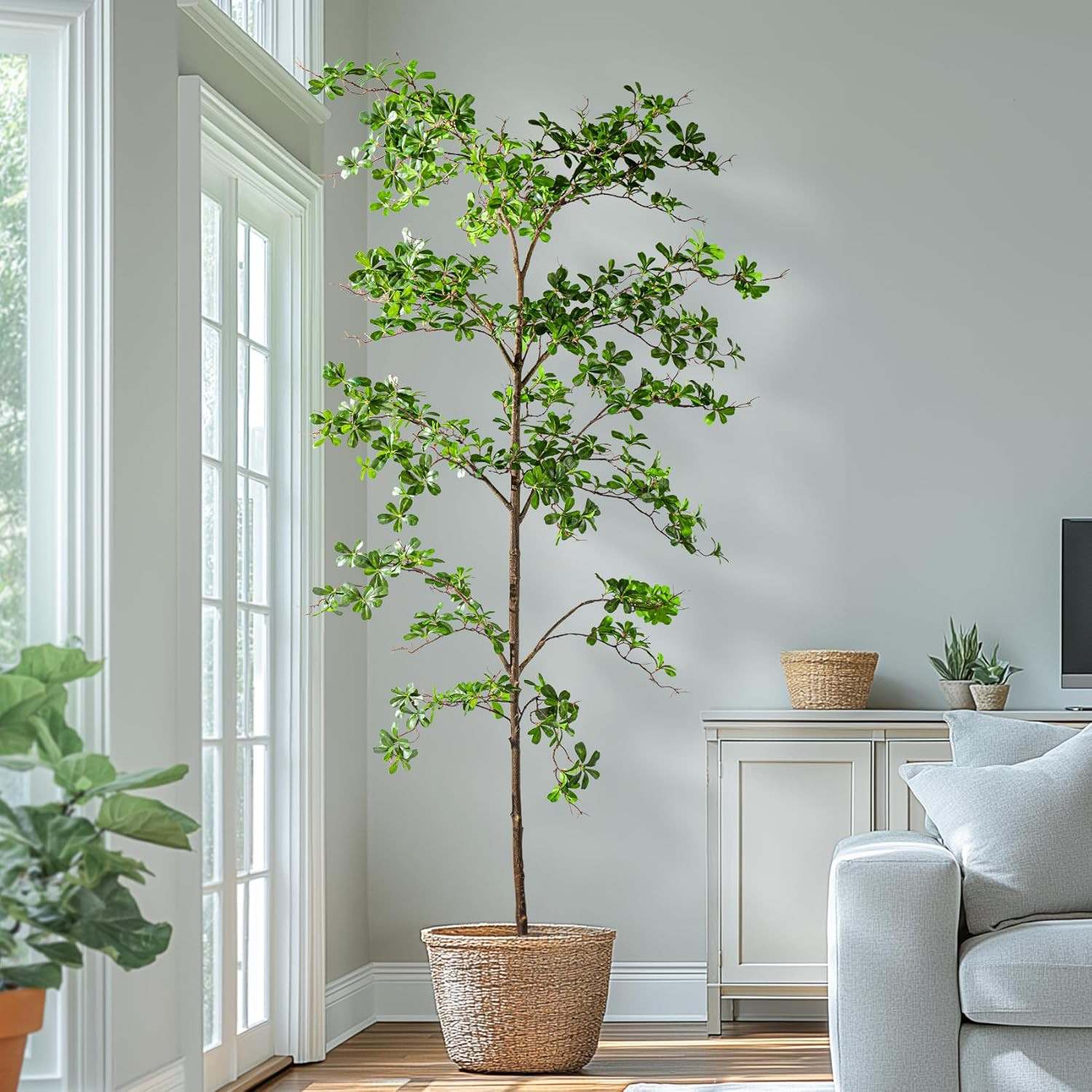 8Ft Faux Black Olive Tree – Realistic Indoor Decor with Natural Wood Trunk