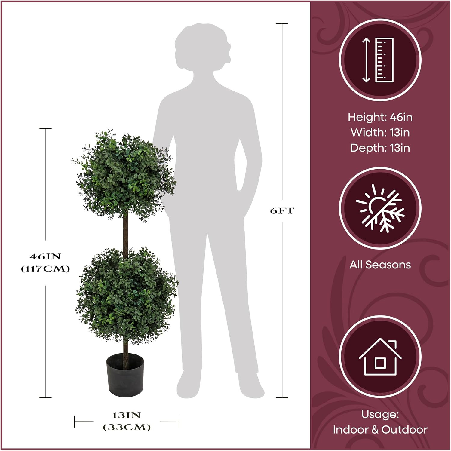 46″ Realistic Artificial Boxwood Double Ball Topiary in Matte Black Pot