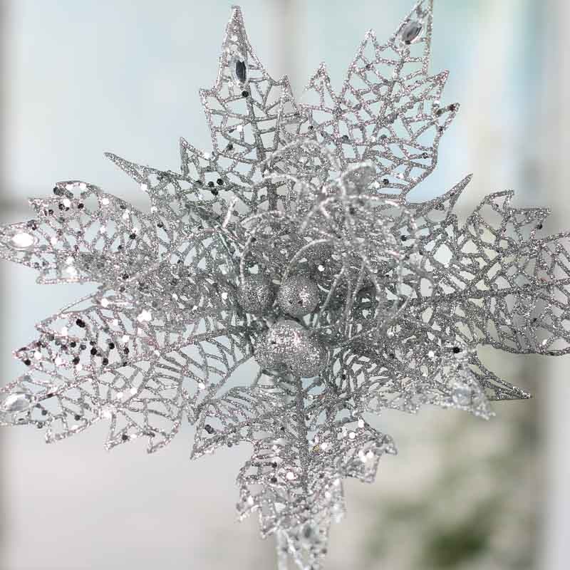 Factory Direct Craft Trio of Elegant Sparkling Silver Mesh Poinsettia Picks