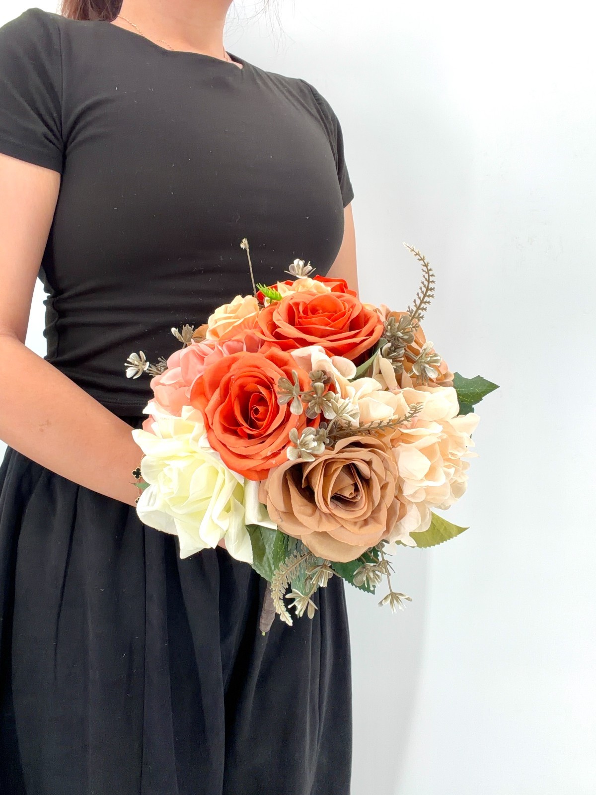 Coral & Peach Rose Bridal Bouquet, Silk Wedding Flowers, Burnt Orange, Wedding