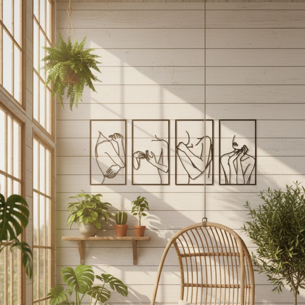 4Pcs Minimalist Black Line Woman Metal Wall Art Waterproof Rustproof Home Decor