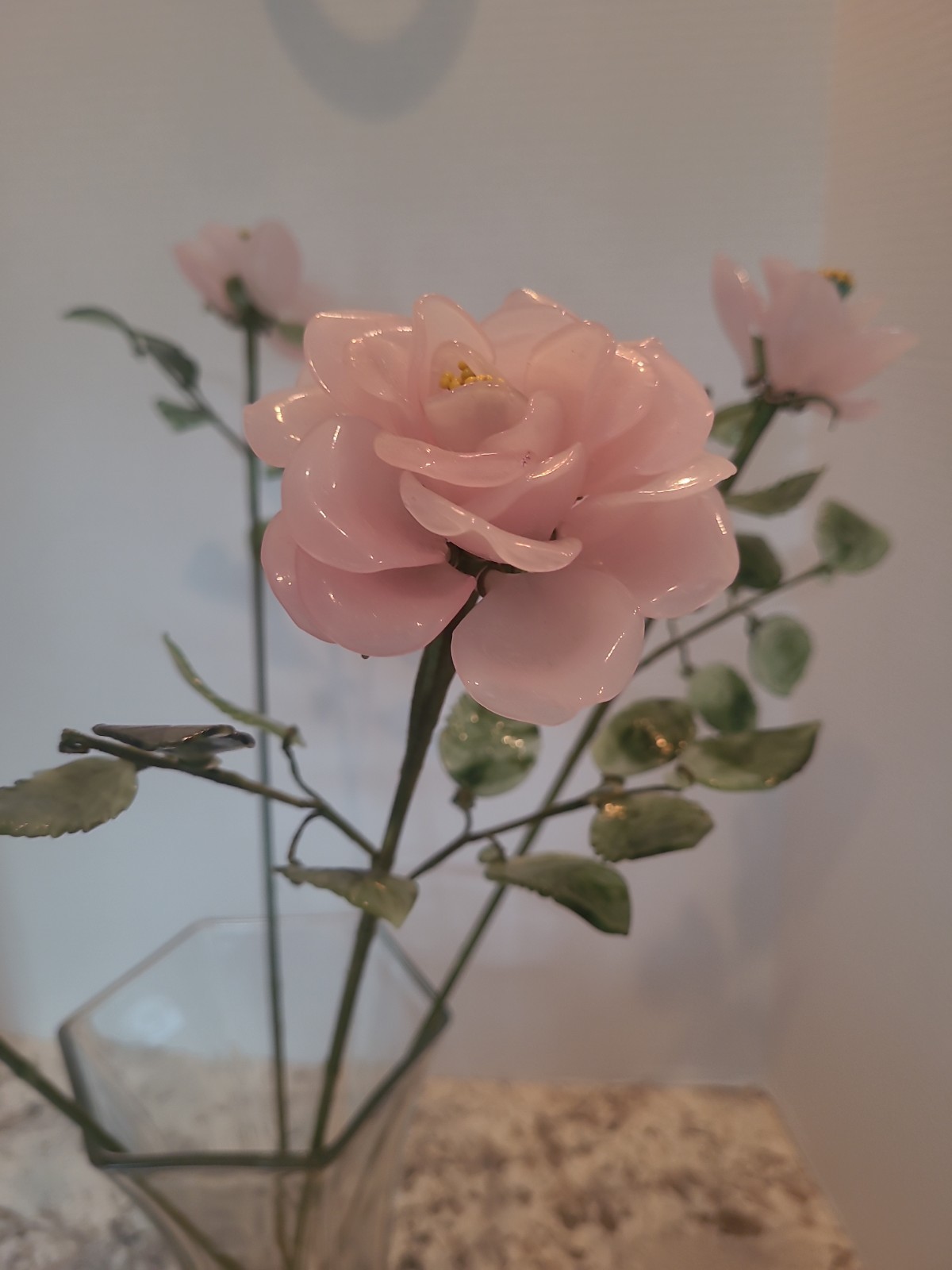 4-Vintage Porcelain Flowers With Plastic Stems Pink 25″ Long Stem