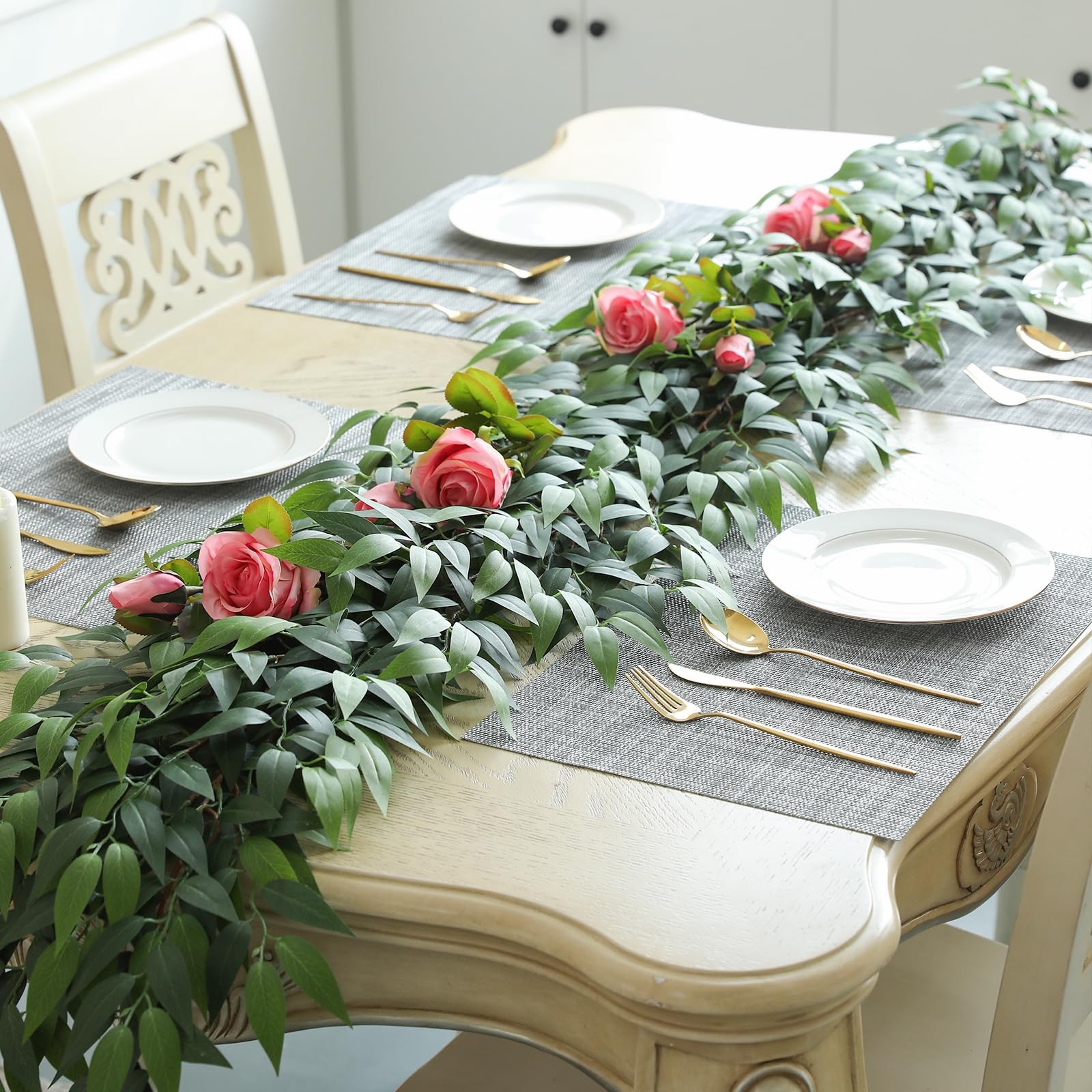 3 Strands Italian Ruscus Artificial Vines, 39″ Silk Vine Garland with Green L…