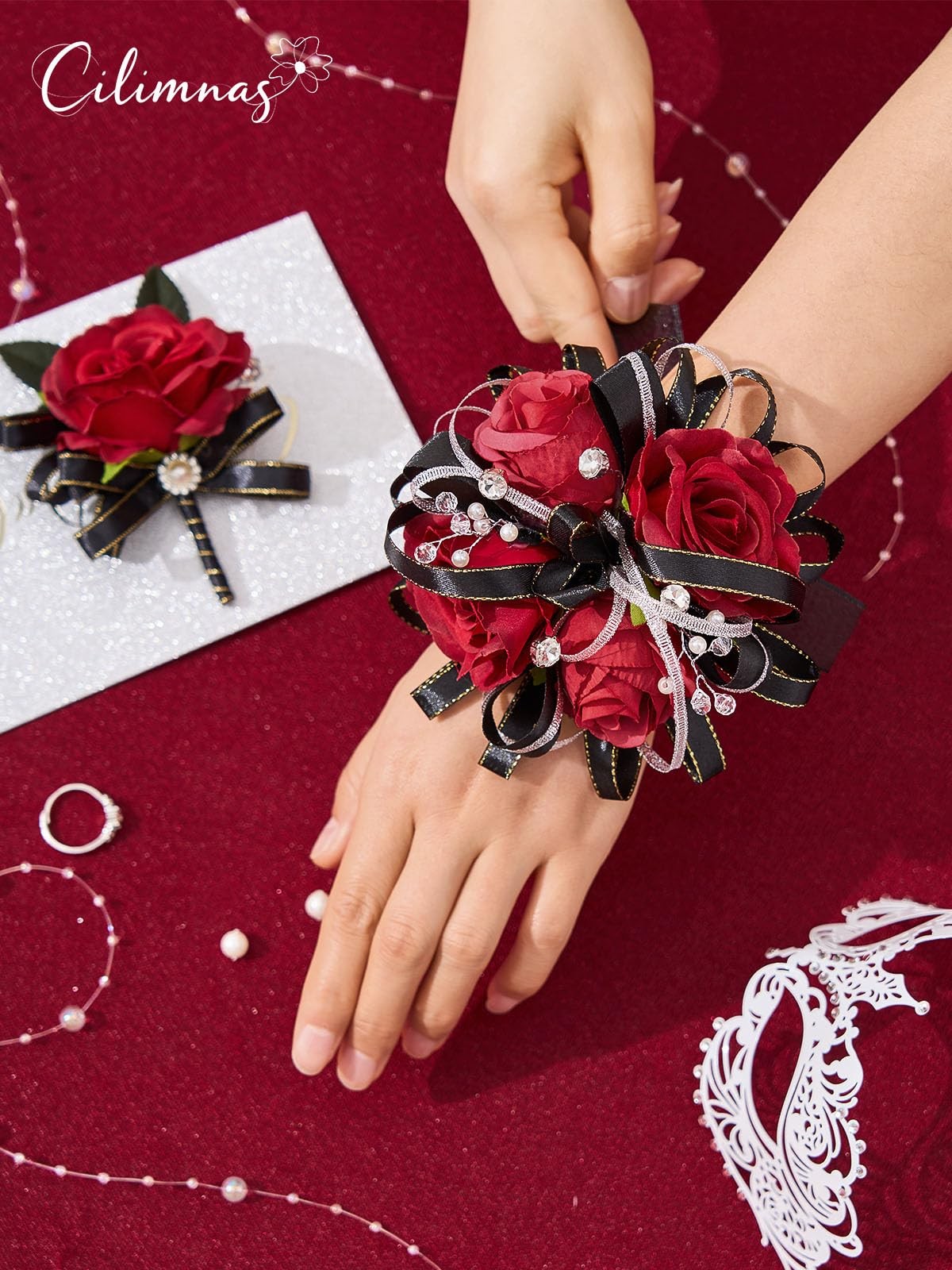 Cilimnas Prom Corsage and Boutonniere Set Red Black,Artificial Silk Rose Wris…