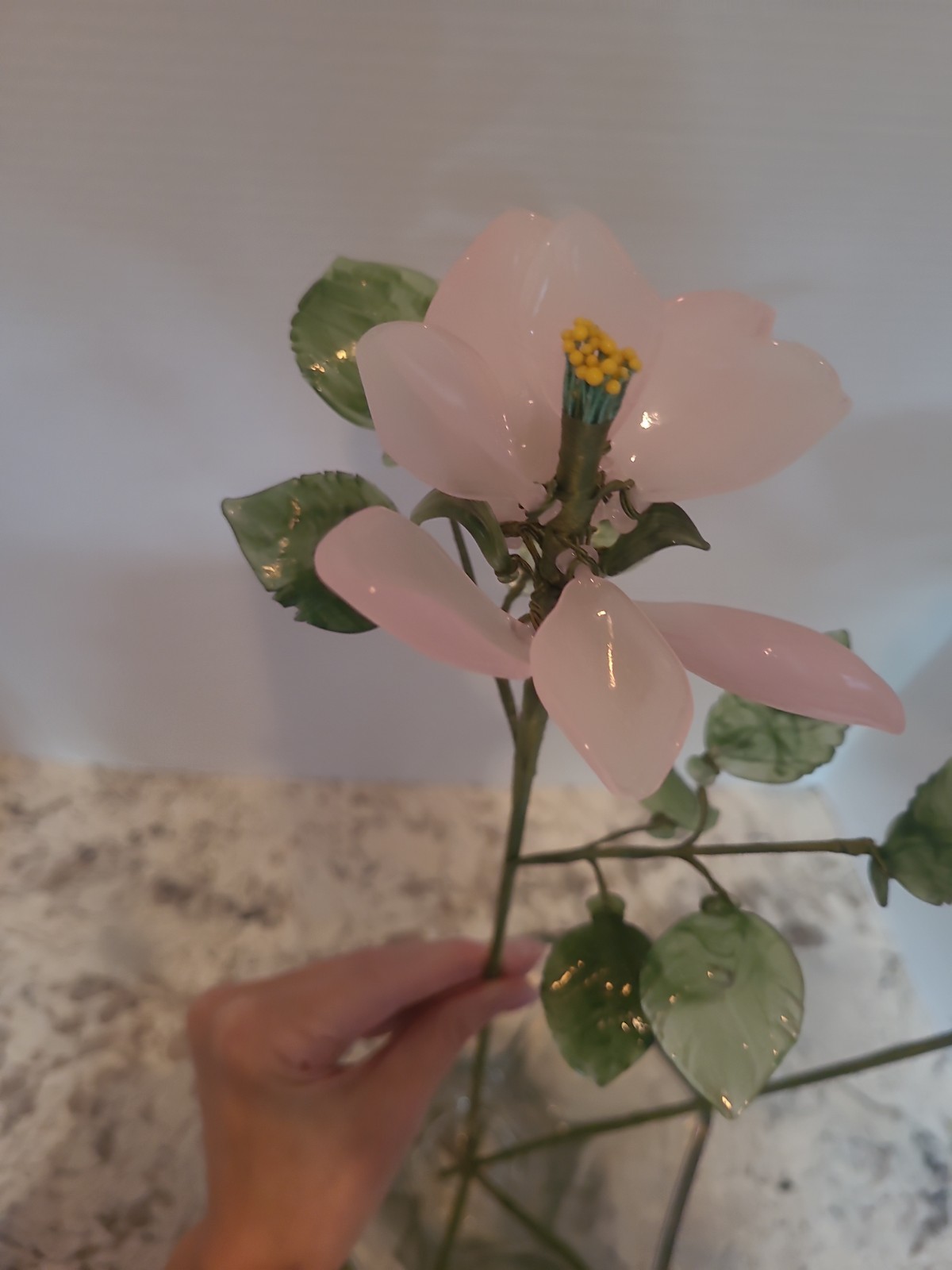 4-Vintage Porcelain Flowers With Plastic Stems Pink 25″ Long Stem