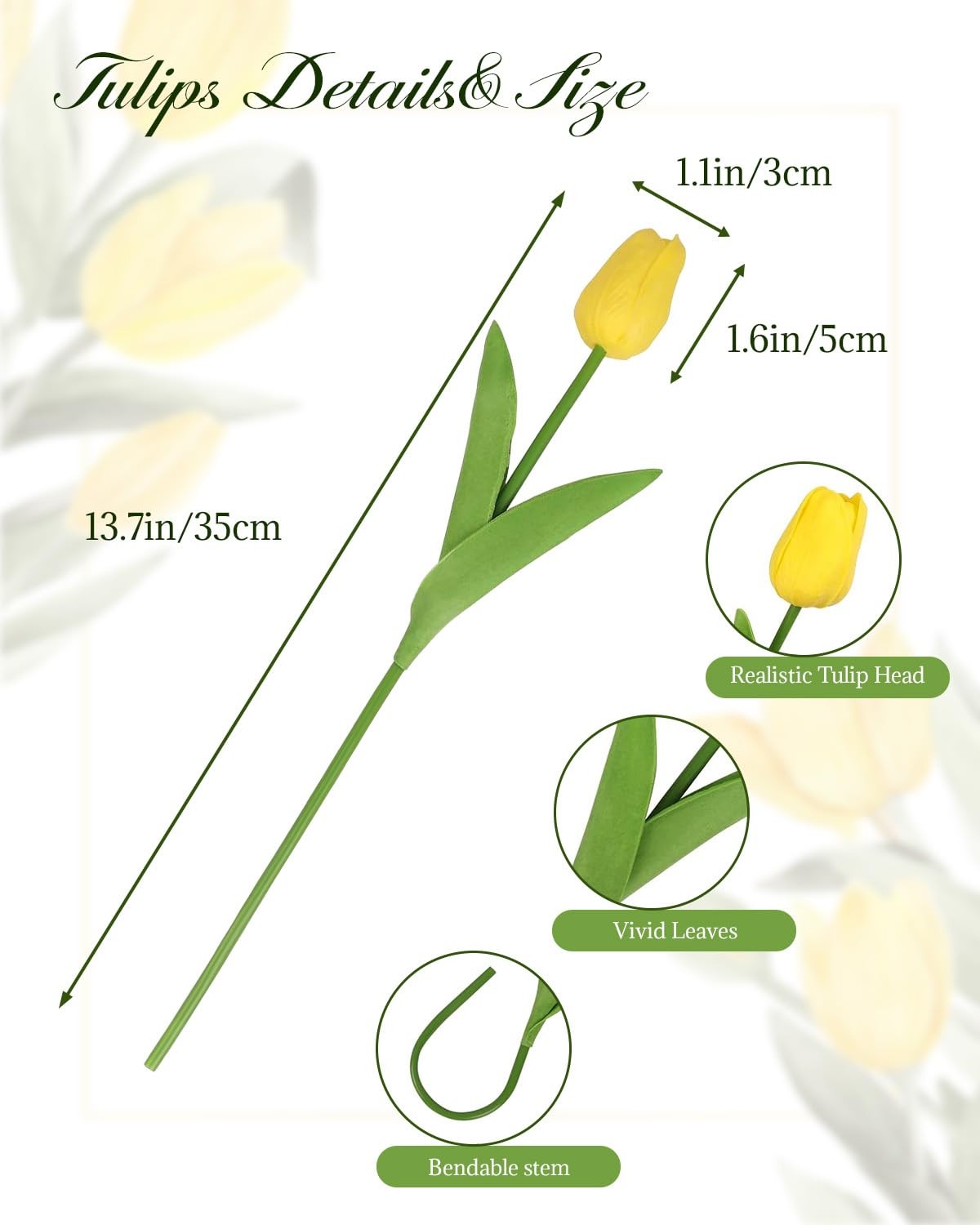 30 PCS Yellow Artificial Tulip Flowers 13.7 Inch Real Touch PU Faux Decor