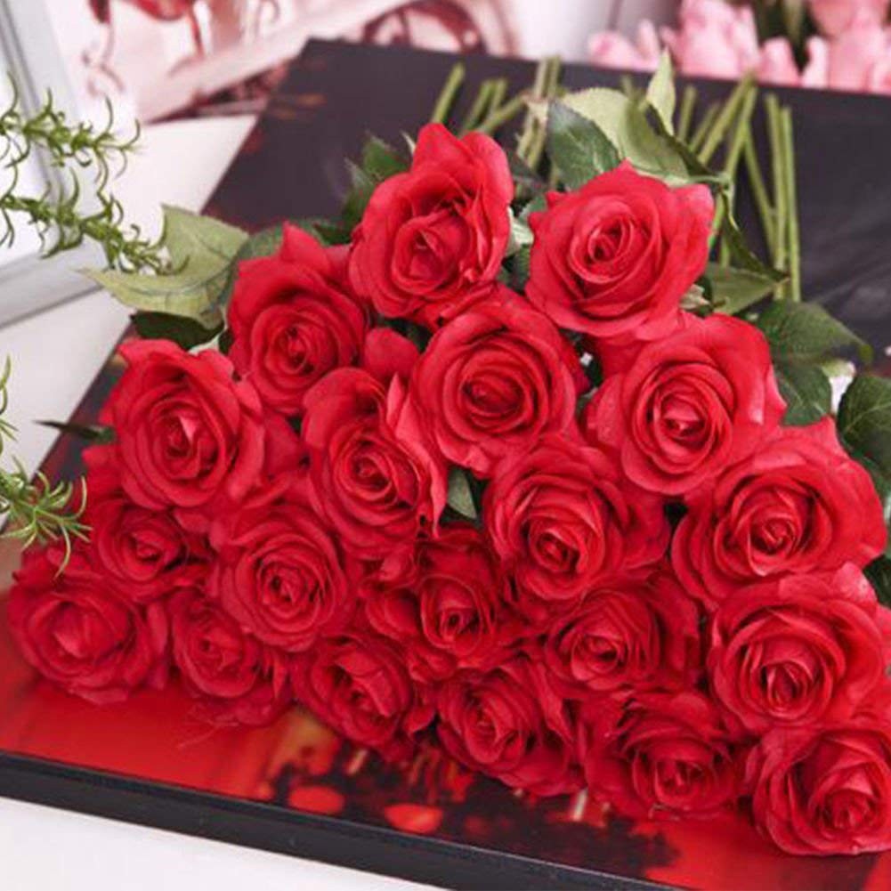 Artificial Flowers Silk Roses & Fake Baby Breath Realistic Flowers Bouquet Decor