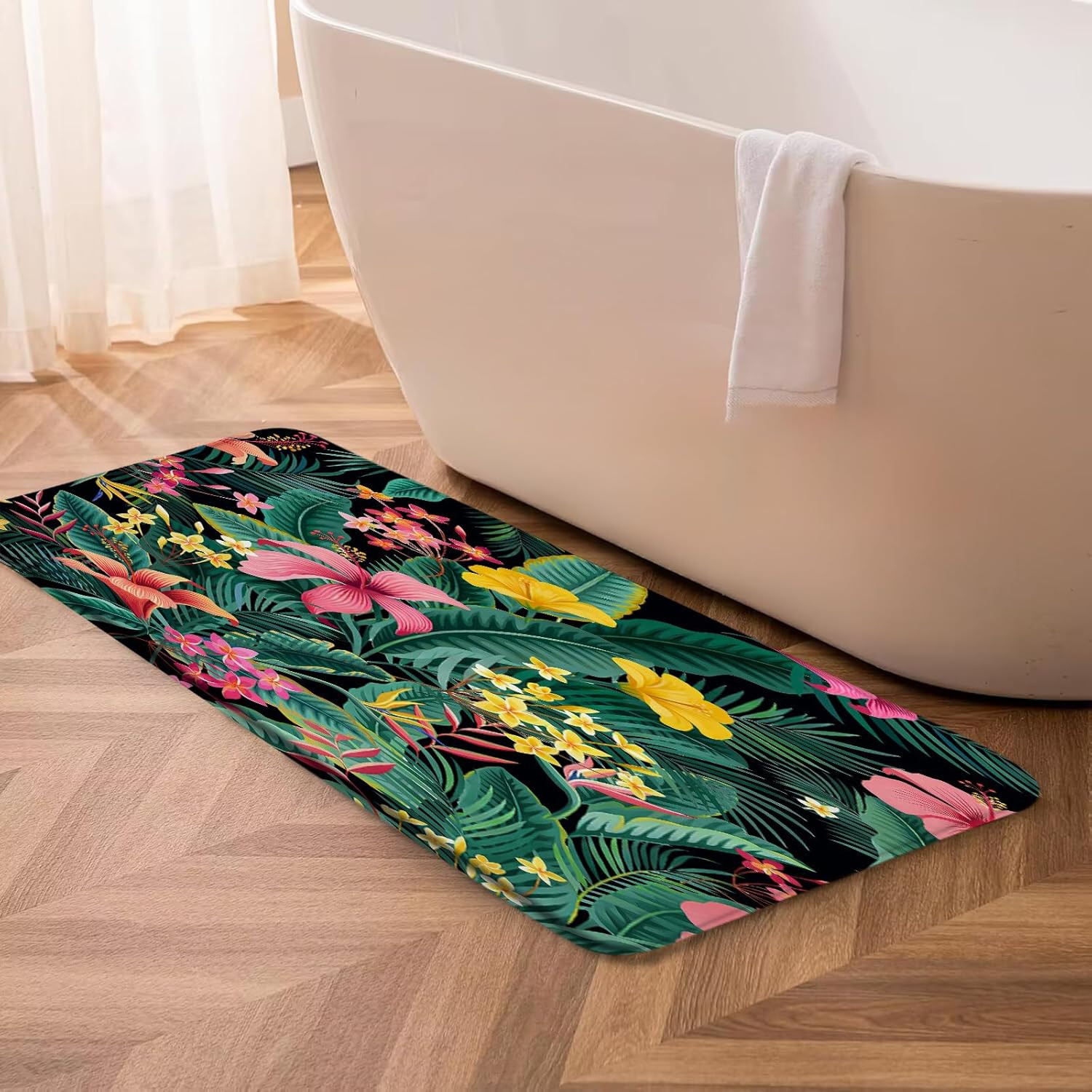 Tropical Leaves Flower Bath Mat Green Palm Banana Leaf Pink Floral Plant Botanic