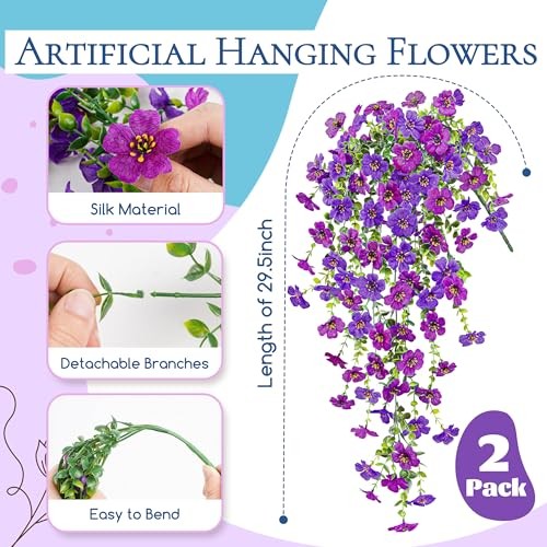 Artificial Flowers for Outdoors UV Resistant Fake Hanging Plants Purple-2pcs