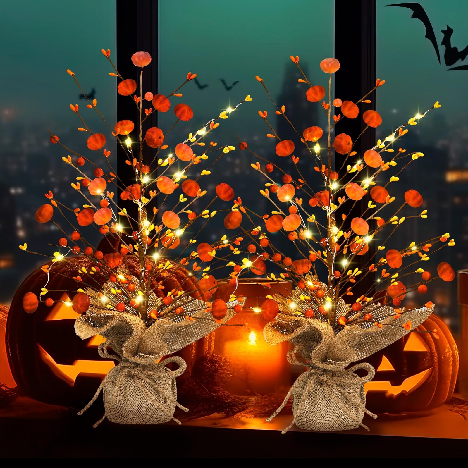 Ganeen 2 Pcs Thanksgiving Lighted Fall Tree Tabletop Decor LED 18 Inch Light …