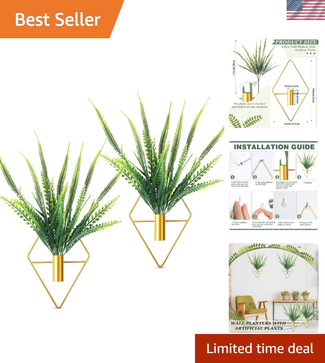 Geometric Gold Hanging Planters with Faux Boston Ferns – Indoor Décor Essentials