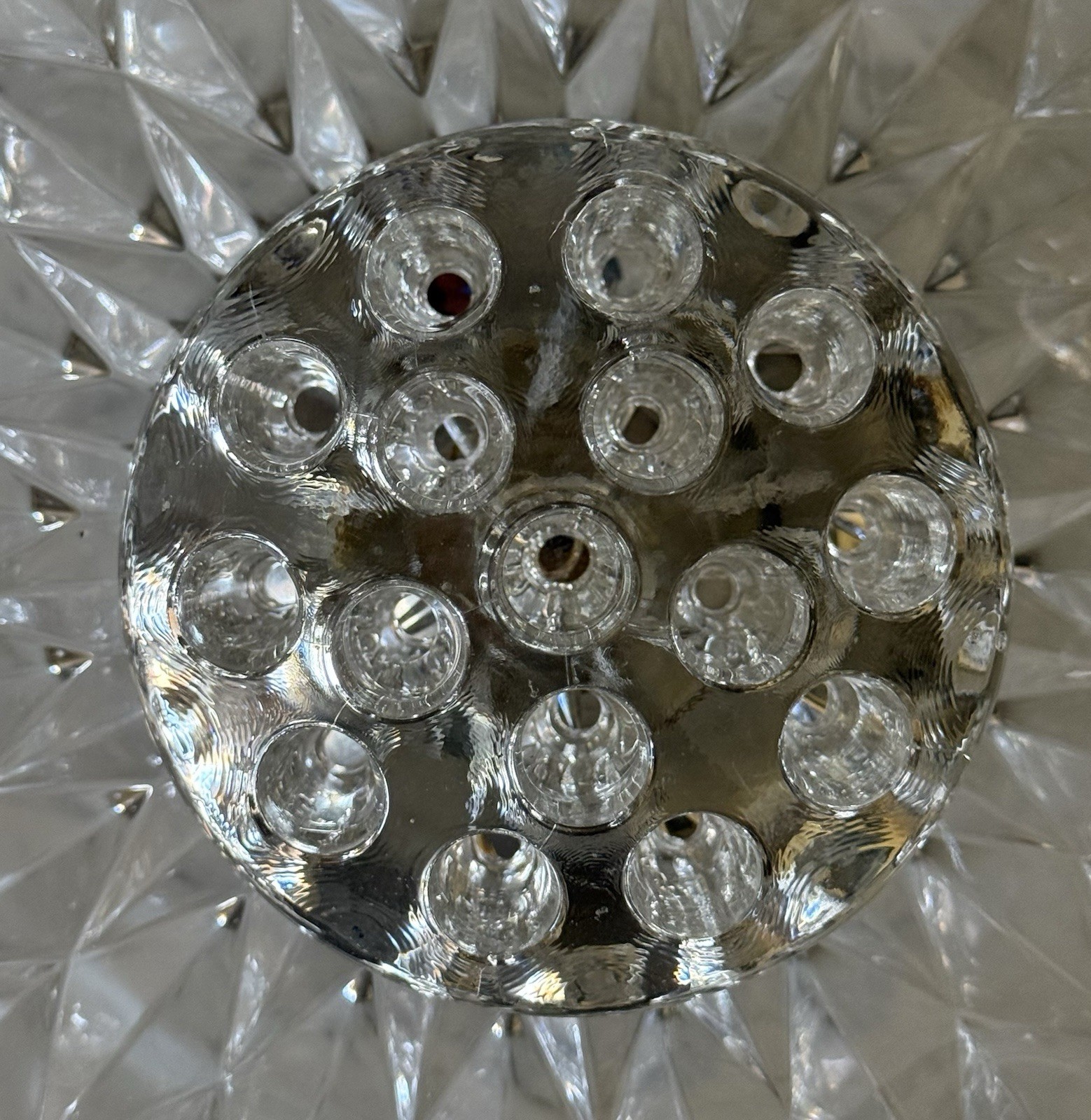 Vintage Thick Heavy Round 16-Hole Glass Flower Frog 3-3/4″ Diameter