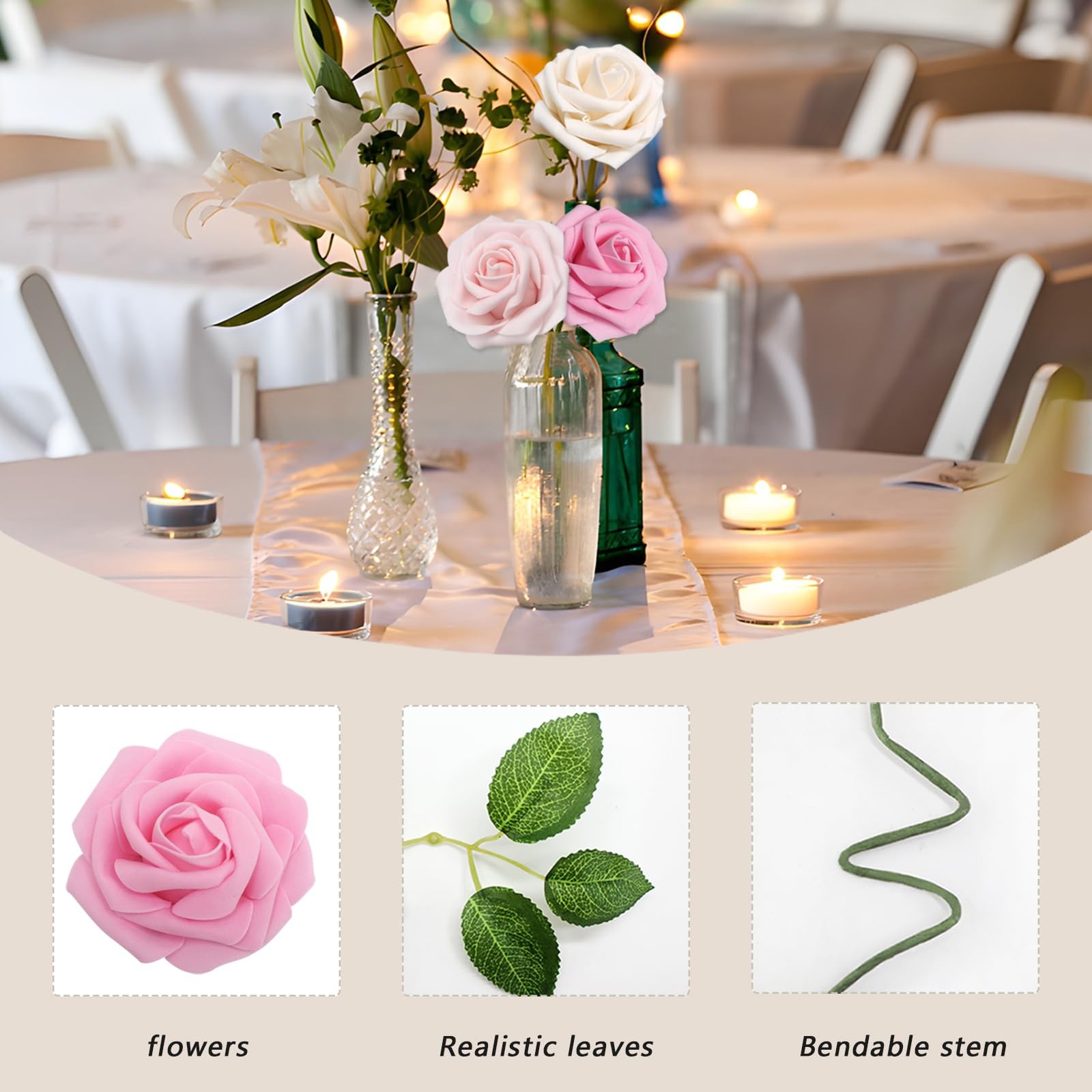 100 PCS Pink Artificial Flowers Roses Foam Fake Leaves Wedding Bridal Party