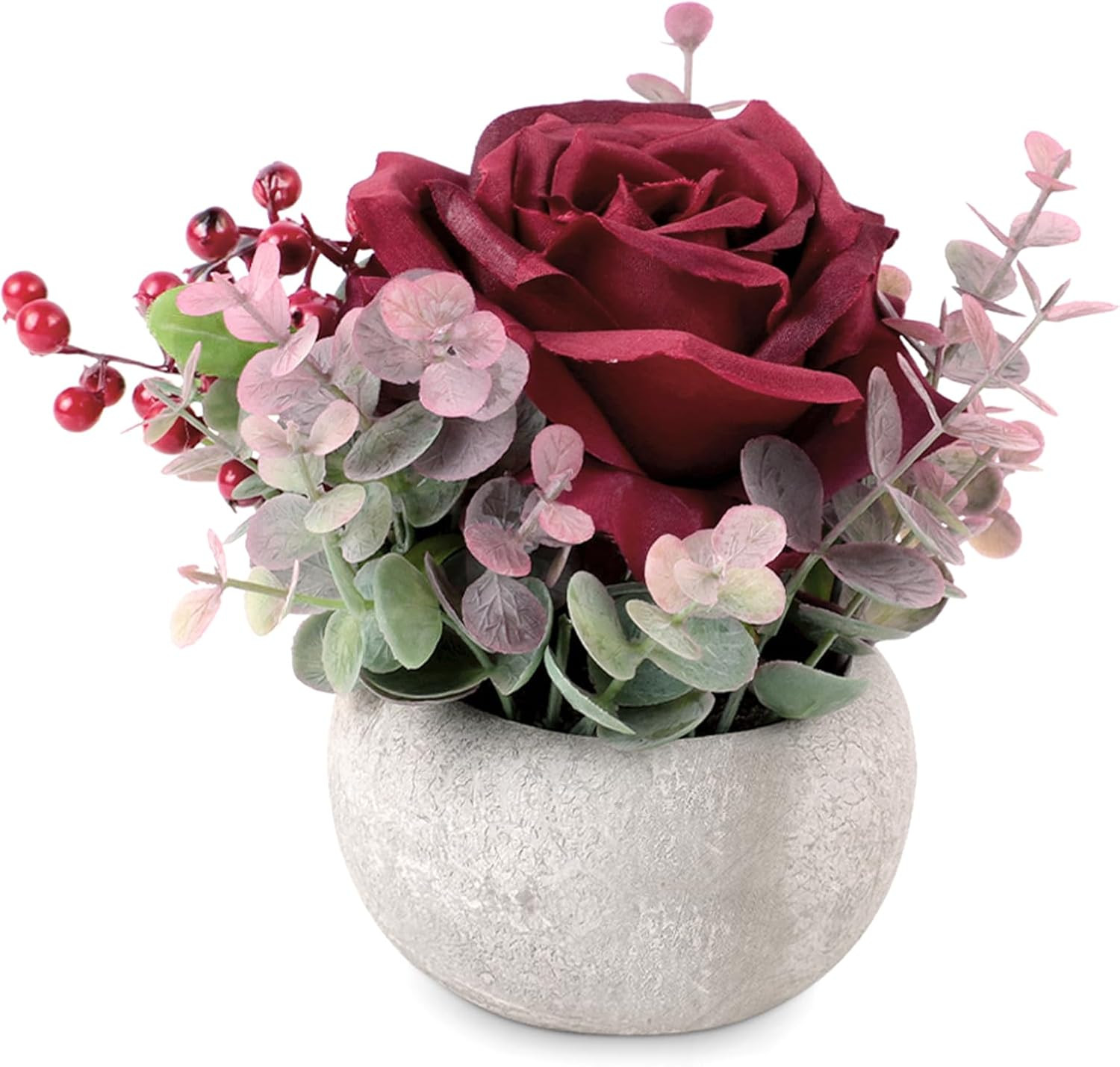 Faux Flowers in Pot, Burgundy Rose Artificial Flowers with Pot Small Potted Plan