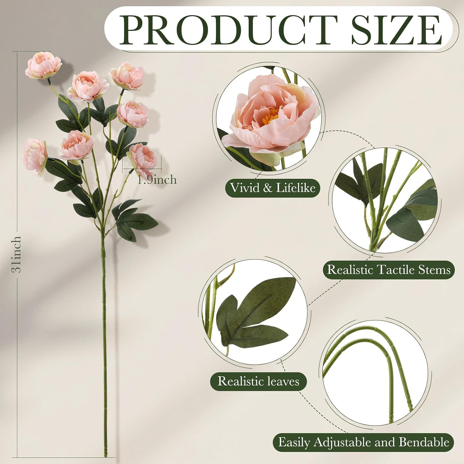 32″ Large Pink Faux Silk Peony Stems – 6 Pcs for Home Decor & Weddings
