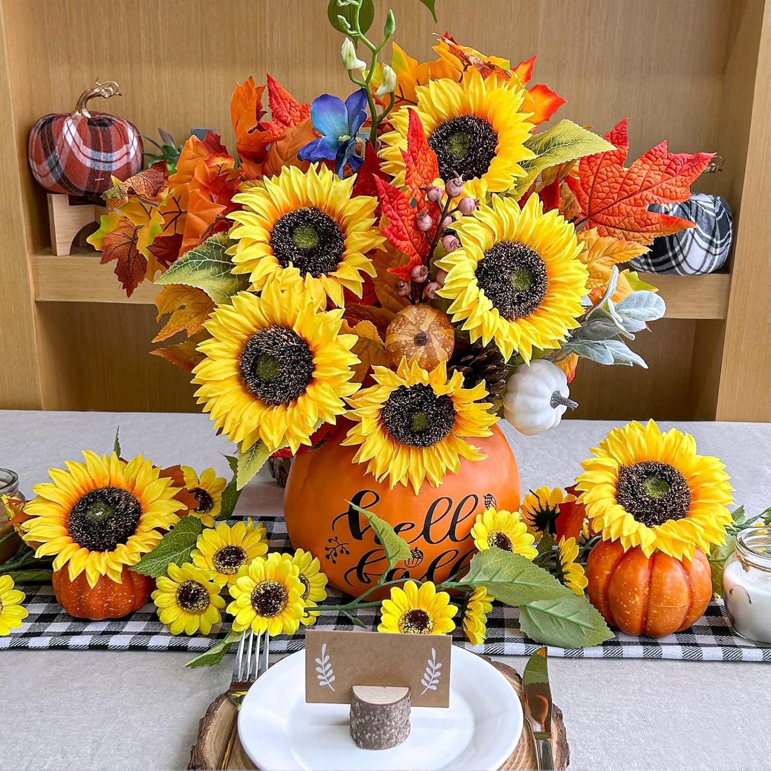 9-Pack Artificial Sunflower Stems, 19.7″ Tall Full & Lifelike Yellow Silk
