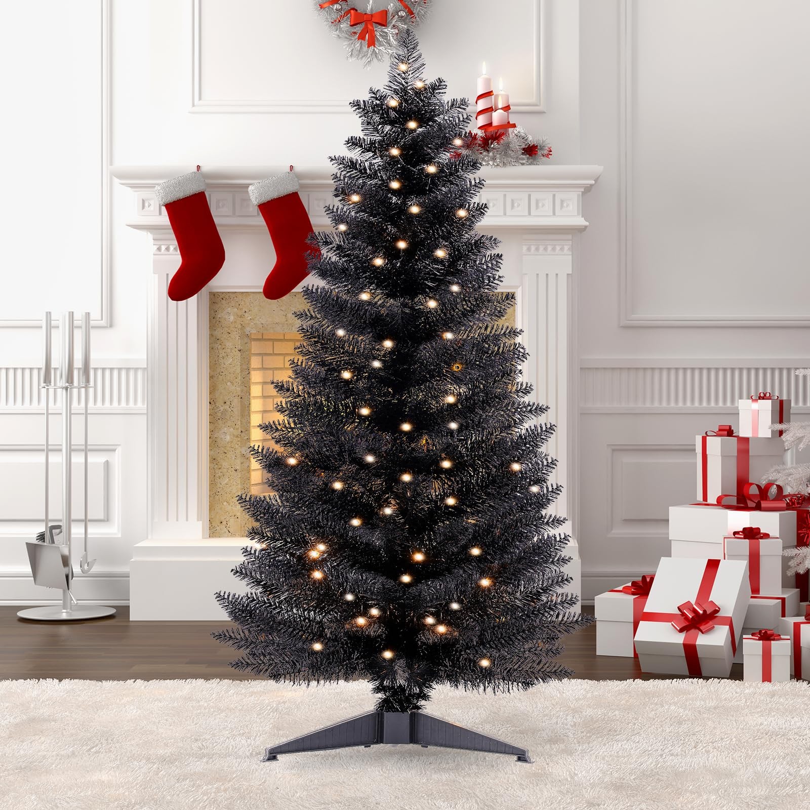 4ft Lighted Halloween Black Christmas Tree Artificial Christmas Tree with Lig…