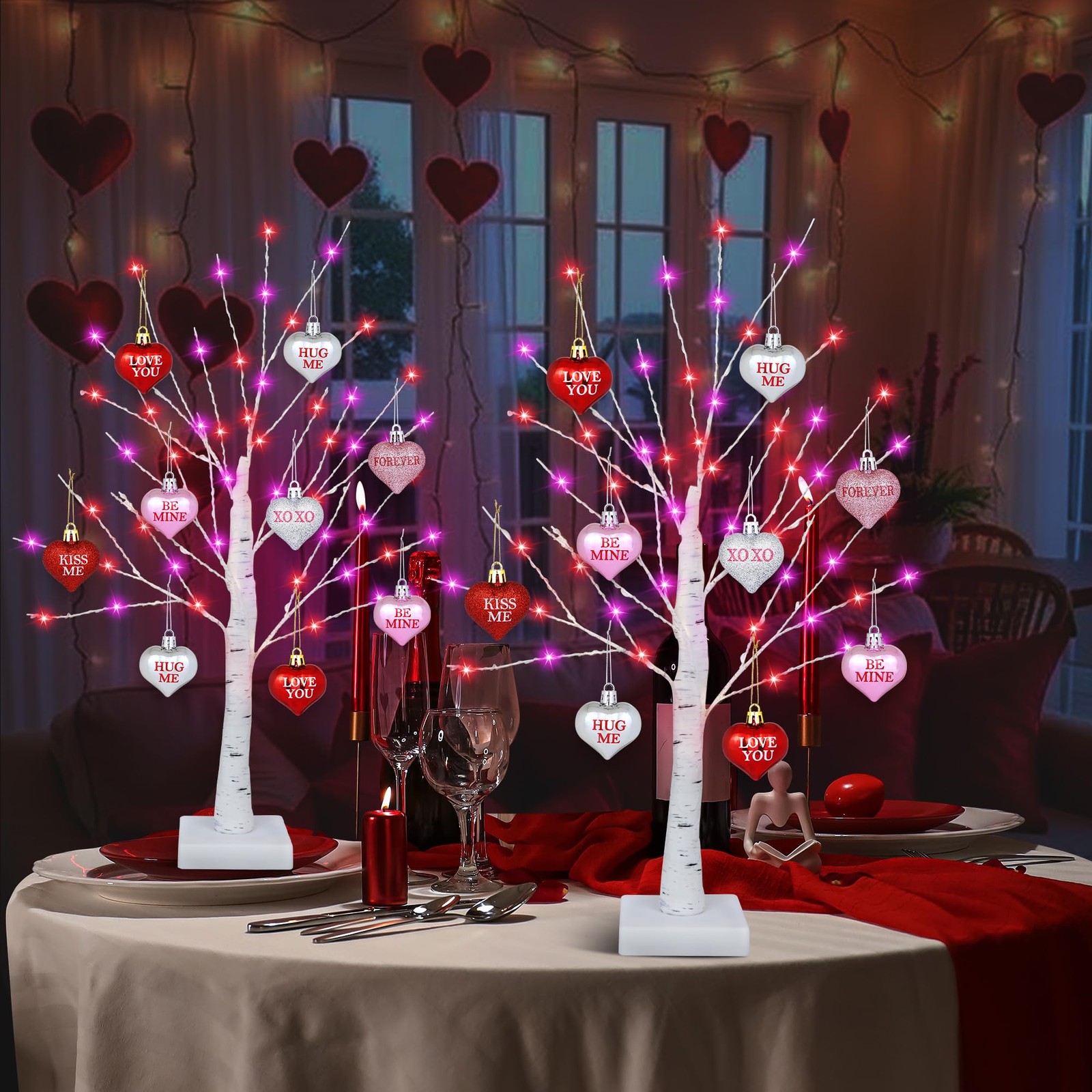2 PCS Valentines Day Tree Decor 24 Inch 65 Red & Pink Lights 18 Hearts