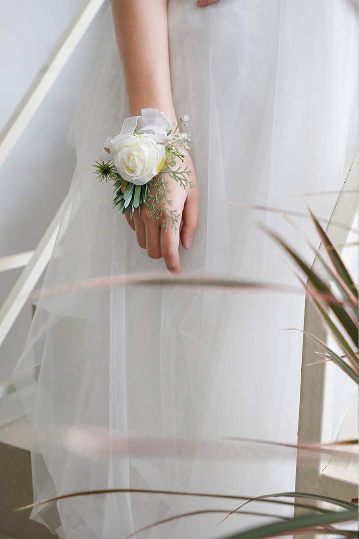 Bridal Party Flowers, Wrist Corsage With Boutonniere, White