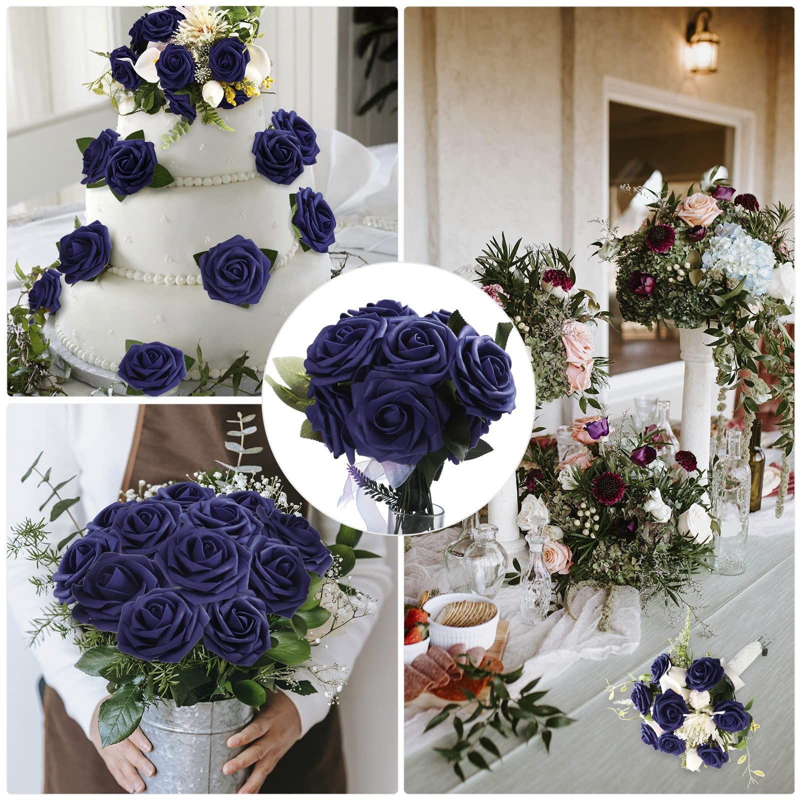 100 PCS Navy Blue Artificial Foam Rose Faux Bouquet Wedding Party DIY Decor