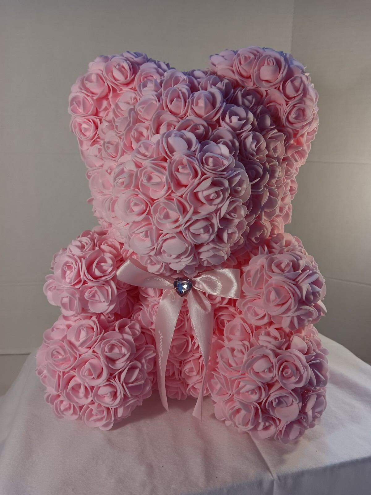 Pink Rose Teddy Bear – Artificial Foam Flower Bear with Bow – 11″ Romantic Gift