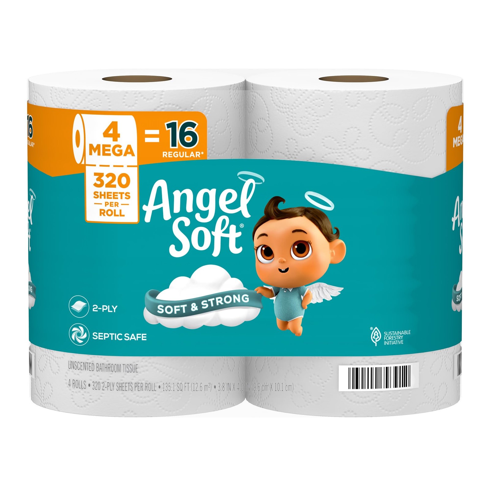 Toilet Paper, 4 Mega Rolls = 16 320 Sheet (Pack of 4), White