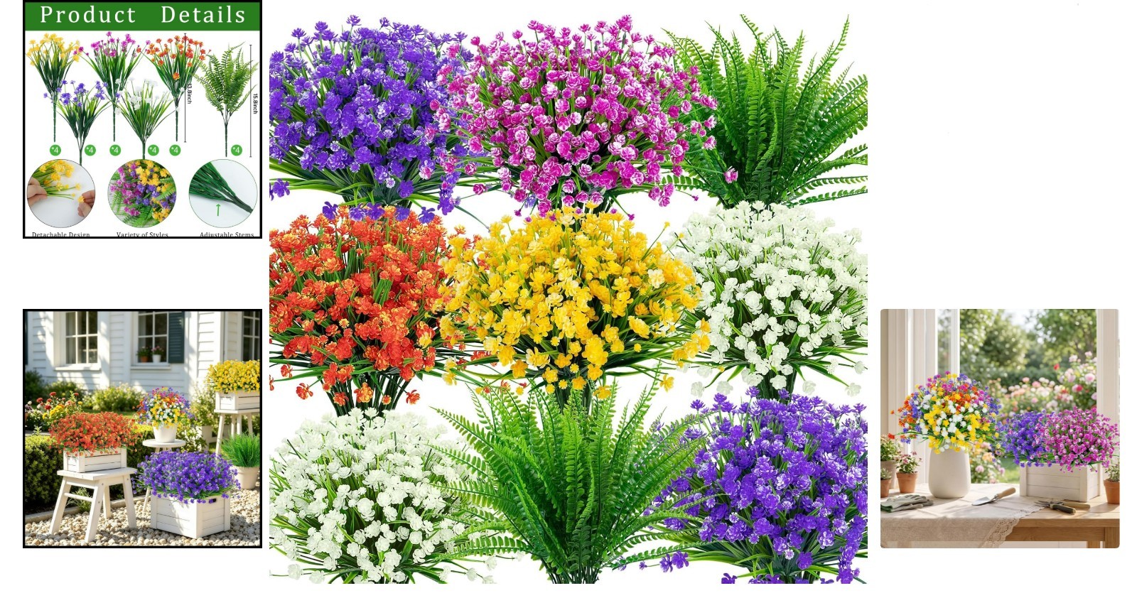12-Bundle Mixed Color UV Resistant Artificial Flowers & Boston Ferns for Decor