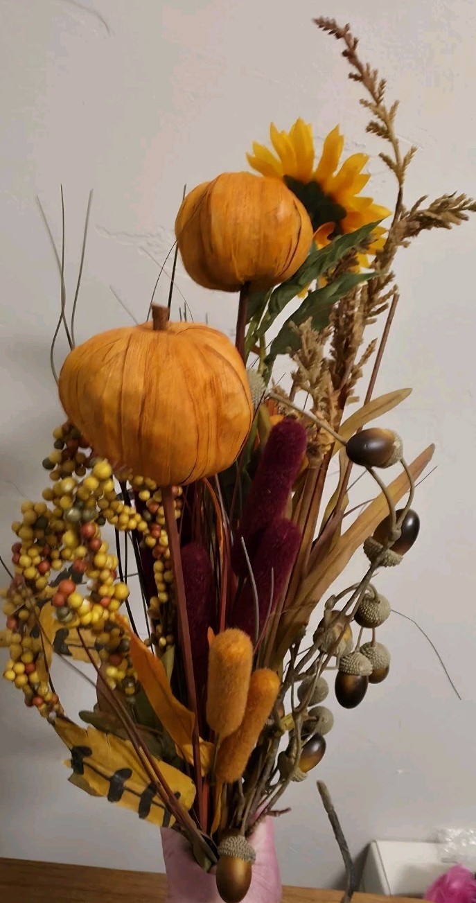 Fall Autumn Artificial Flowers Pumpkins Feathers Catails Berries Sunflower Acorn