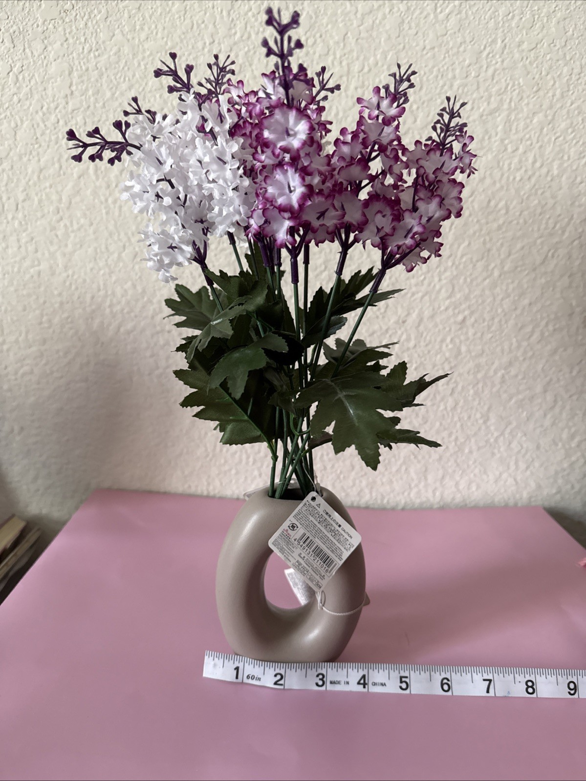 Daiso Flower Vase with Artificial Stock Flowers Purple White Floral Decor New