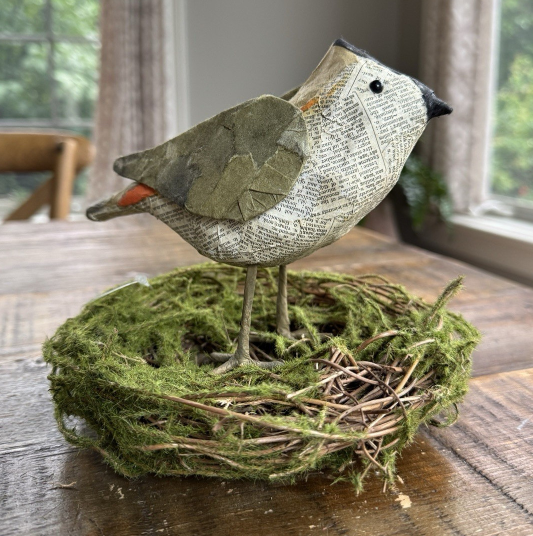 7″ Rustic Bird NEST Decoration Artificial Twig & Green Moss Spring Decor NEW