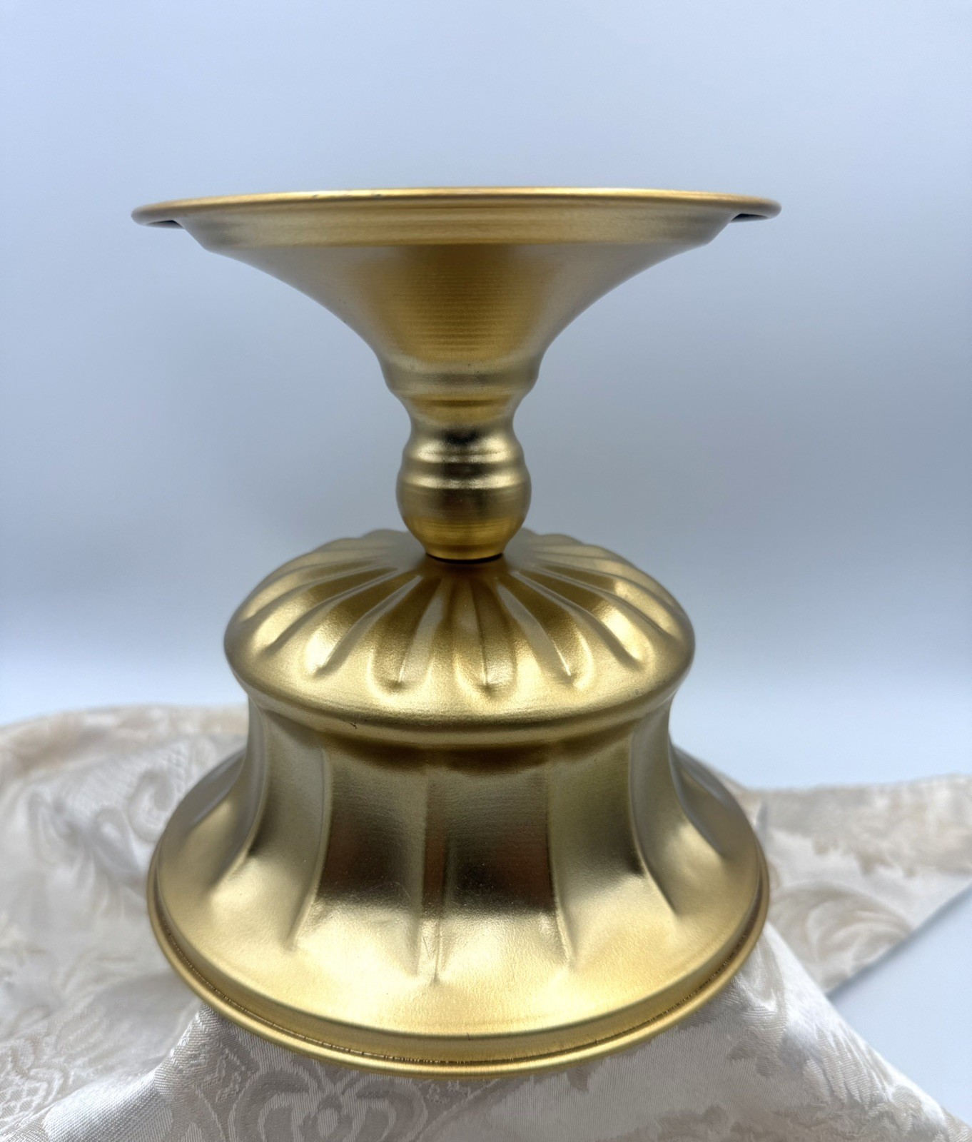 Beautiful Compote Bowl 6” Tall Gold Finish Aluminum Pedestal Ribbed