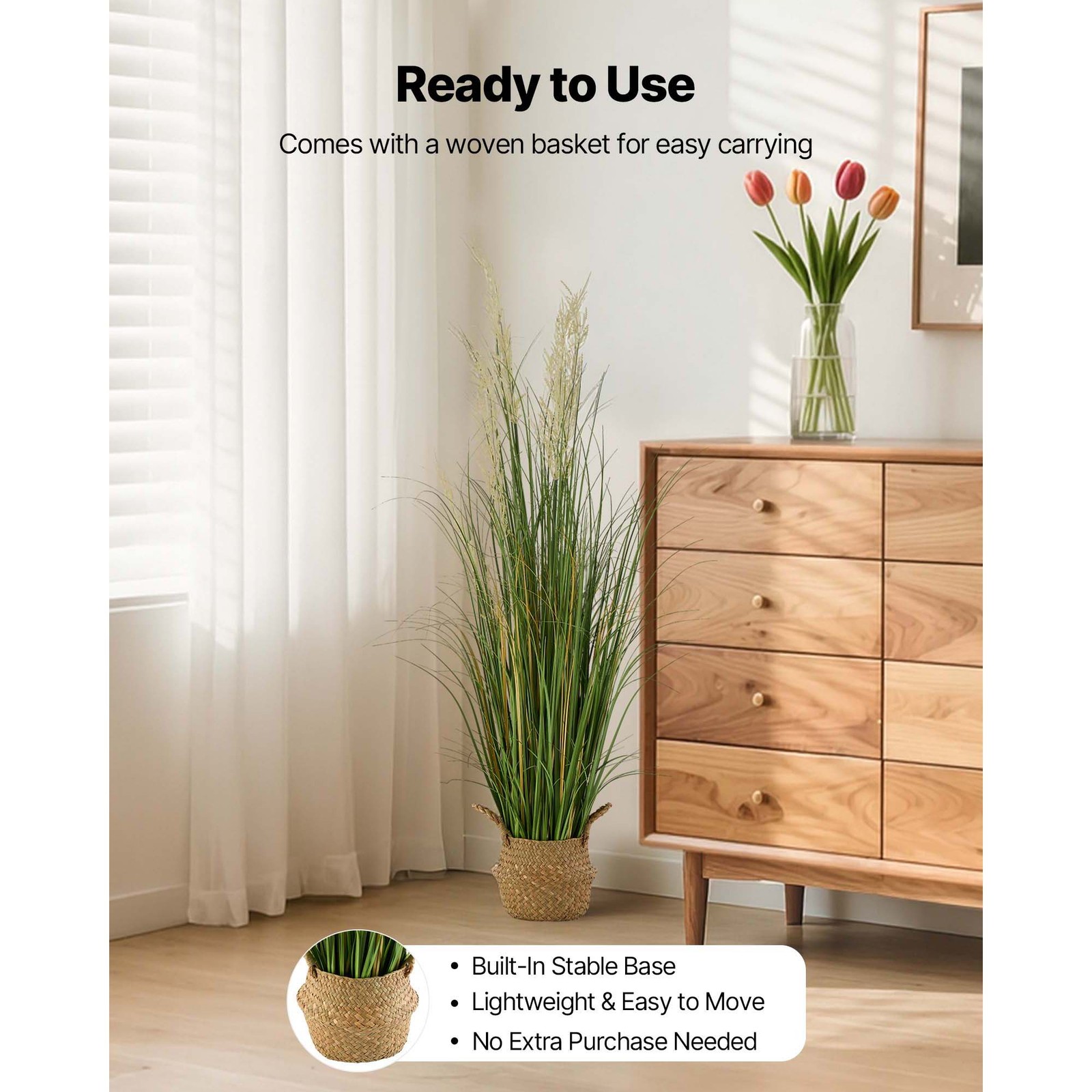 Uimoso Artificial Grass Plant 47-Inch Reed Flower Grass in Pot, Green, 1 Pack