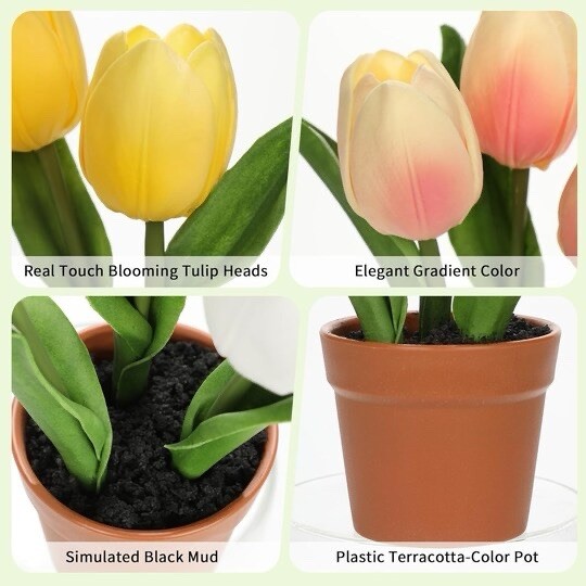 Artificial Tulip Arrangement with Terracotta-Like Plastic Pot 8 Inch – 4-Pack