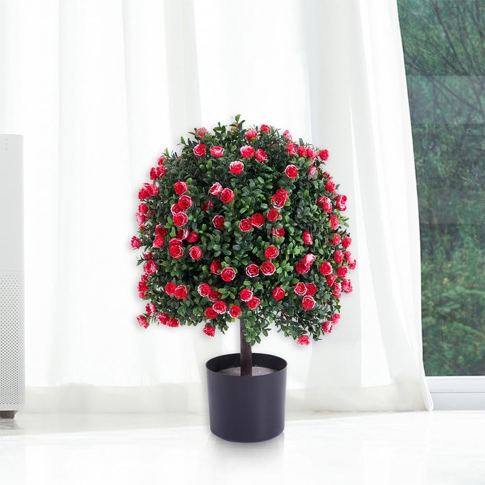 2 Pack 21.65″ Faux Rose Topiary Ball in Pot UV Resistant PE for Indoor Outdoor