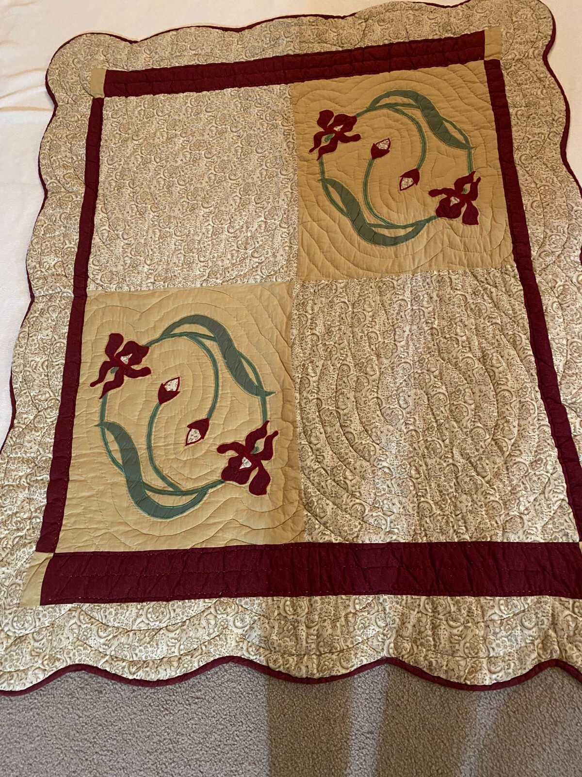 Hand Made Wall Hanging Floral Tan Red Green Hand Stitch