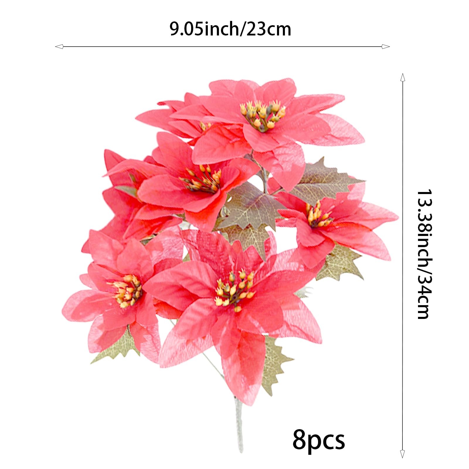 8 PCS Christmas Artificial Flower Red Poinsettia 7 Head Silk Floral Bouquet
