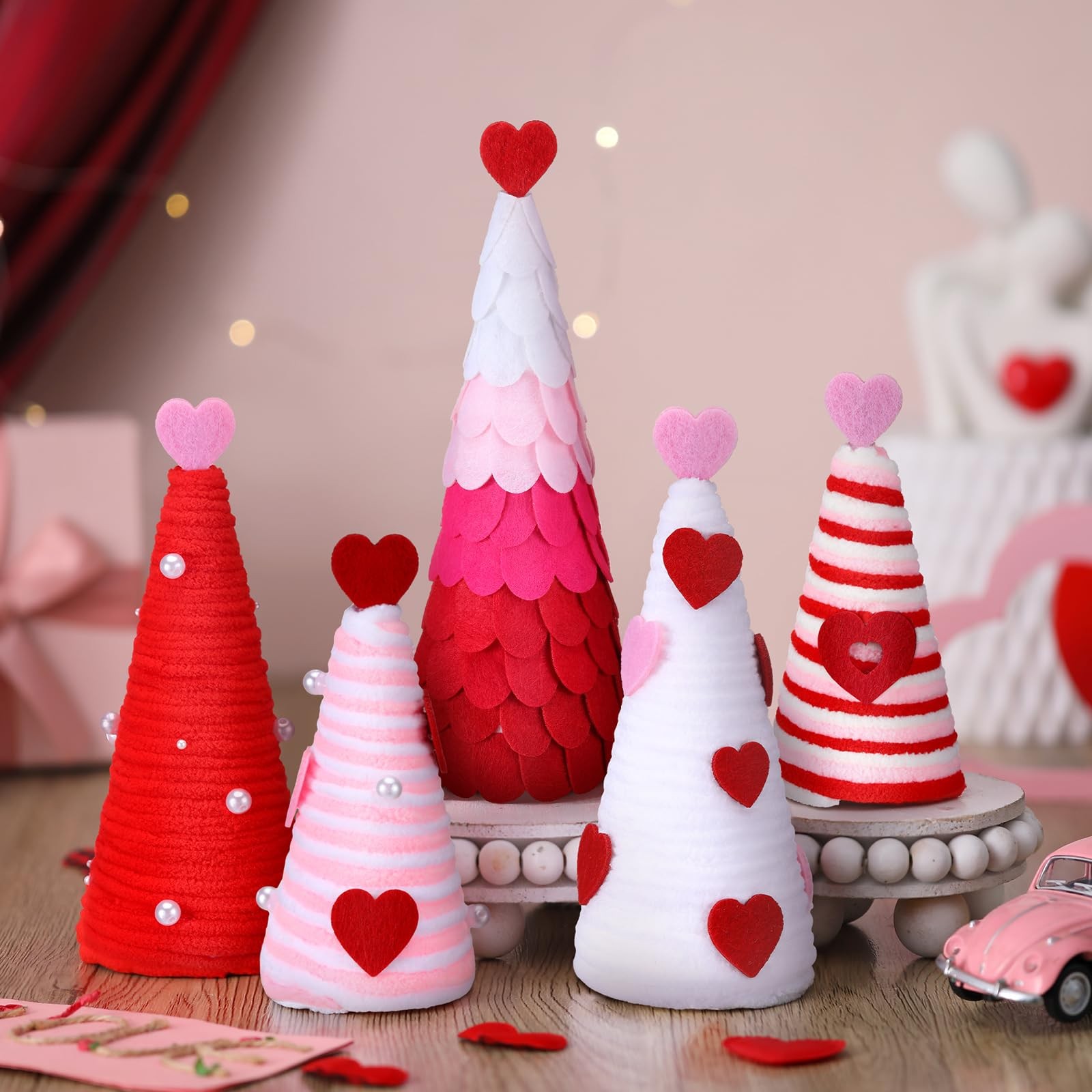 5 Pcs Valentines Day Tree, Pink White Red, Yarn Wrapped, Heart, Centerpieces