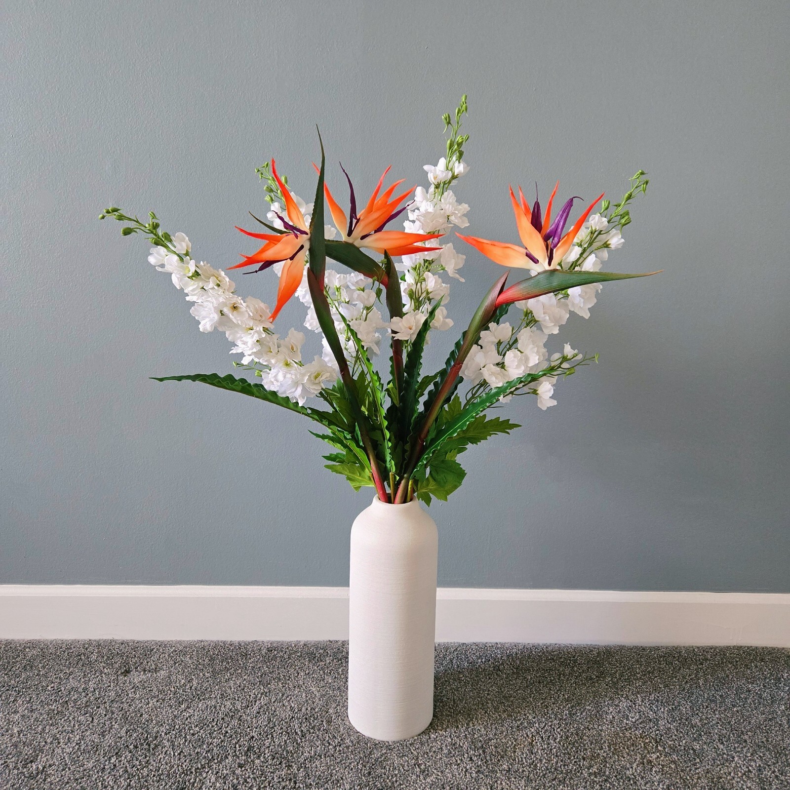 12-Stem Artificial Flower Set ?Bird of Paradise,Bird?s Nest Fern and Delphinium