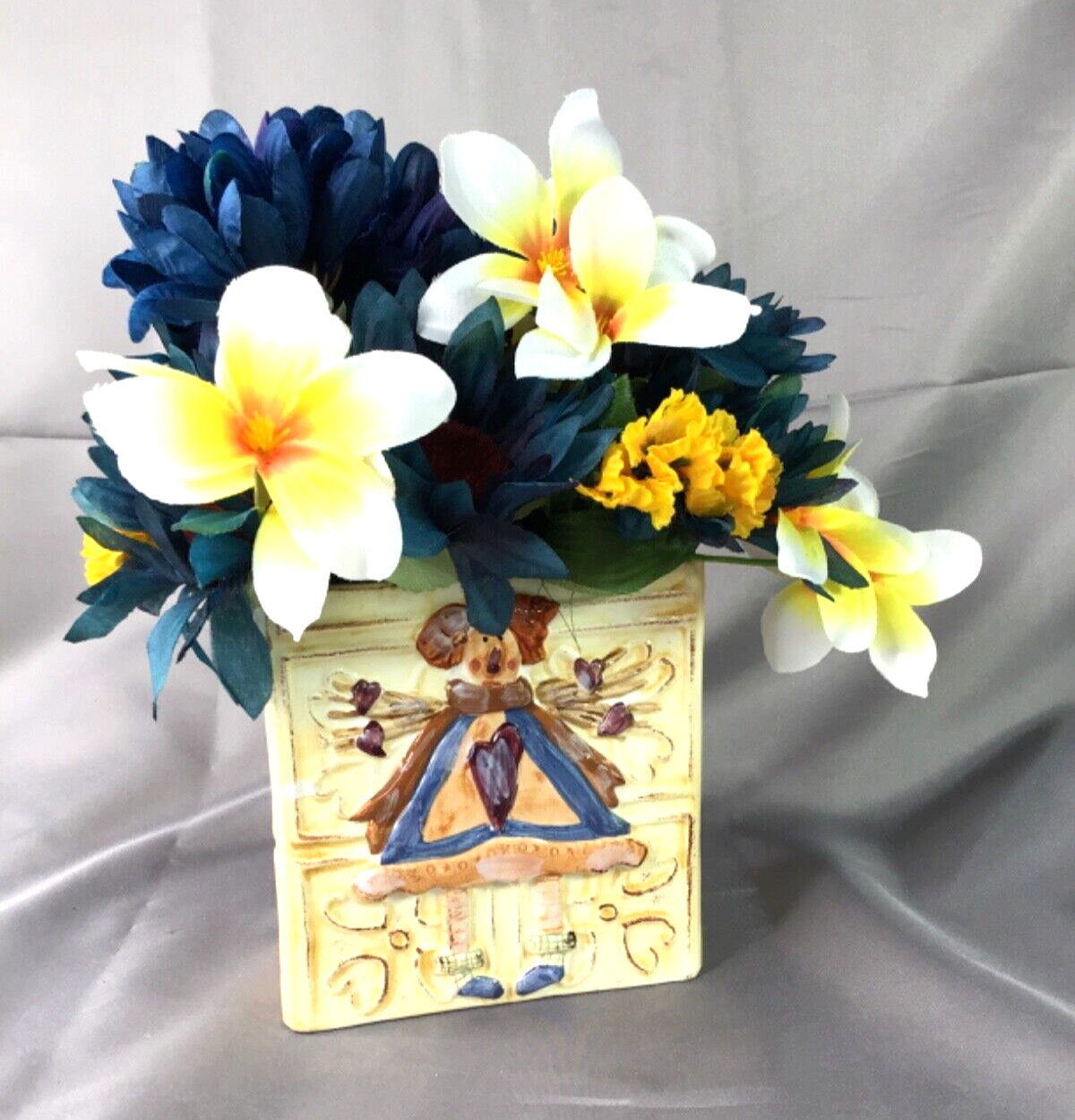 Square 5” Angel Planter Vase Gorgeous Blue White Yellow Floral Arrangement