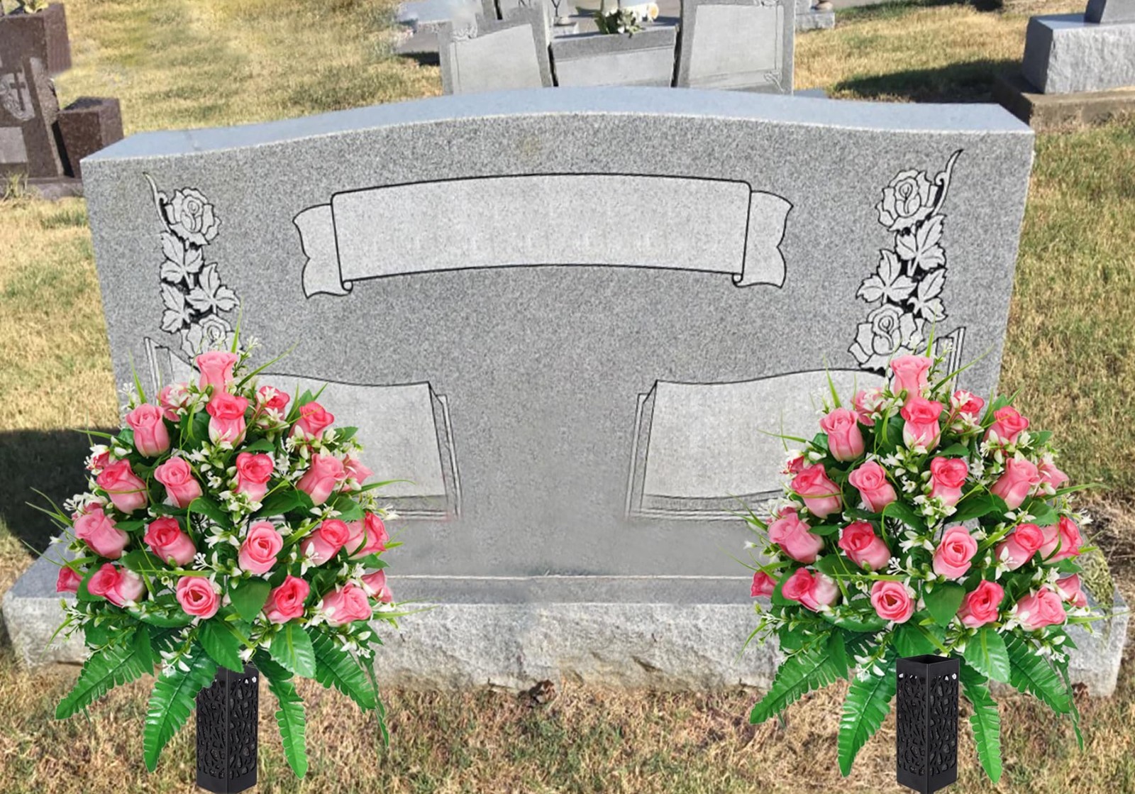 2 Sets Pink Artificial Cemetery Flowers – Realistic Roses for Grave Decor, Non-B