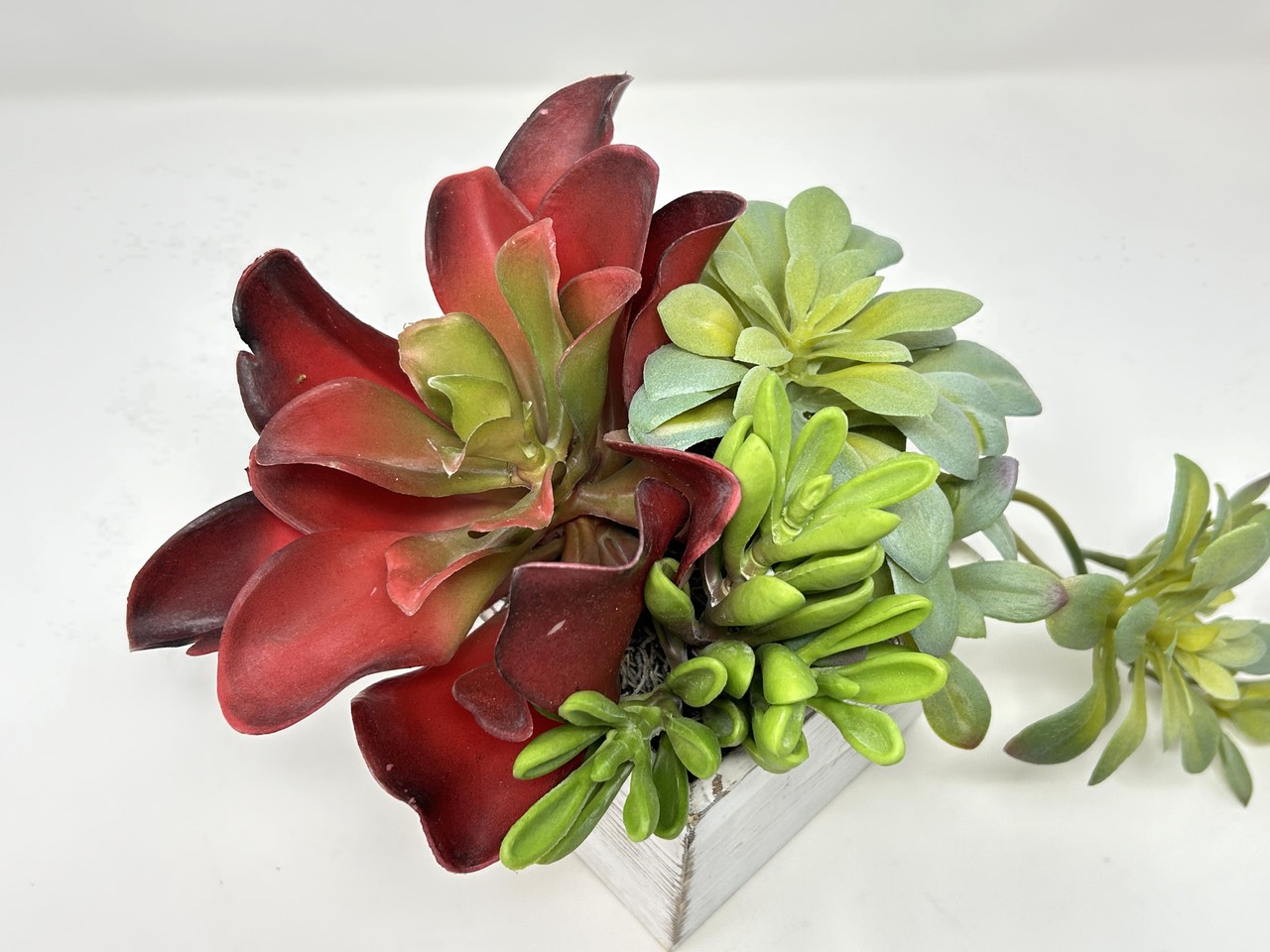 7″ Unique Artificial Red & Green mixed Succulent Garden #23, White-washed wooden