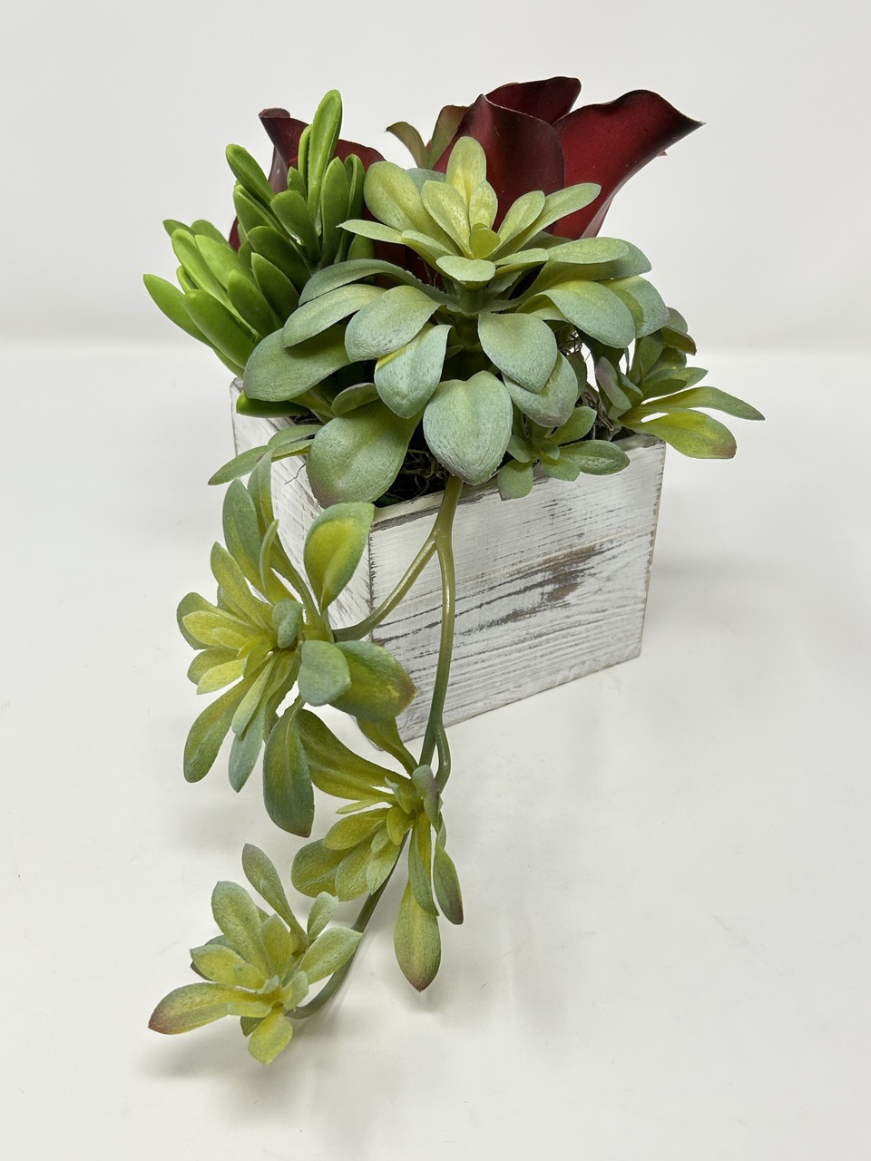 7″ Unique Artificial Red & Green mixed Succulent Garden #23, White-washed wooden