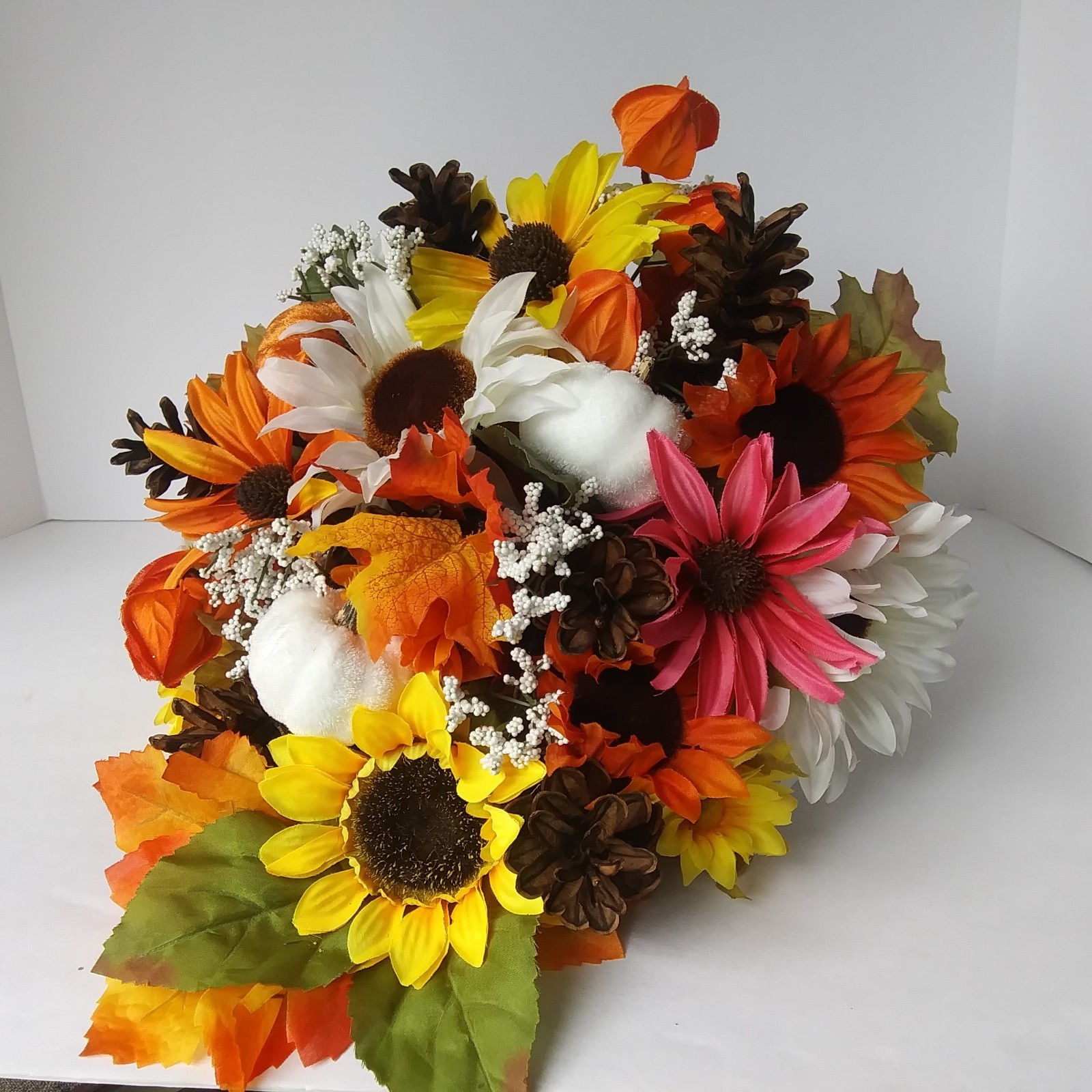 Fall Cornucopia Centerpiece Sunflowers Pinecones Maple Leaves Harvest Decor