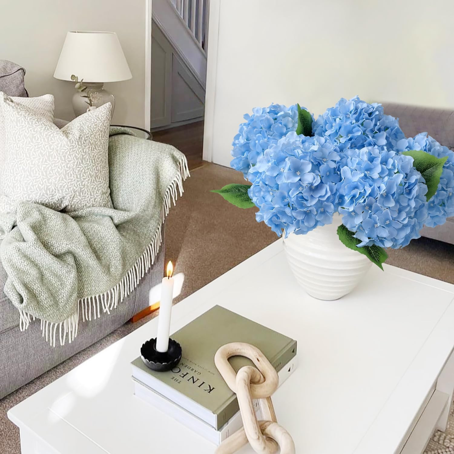 Blue Flowers Hydrangea Artificial Flowers, 5Pcs 20Inch Large Lifelike Silk Artif