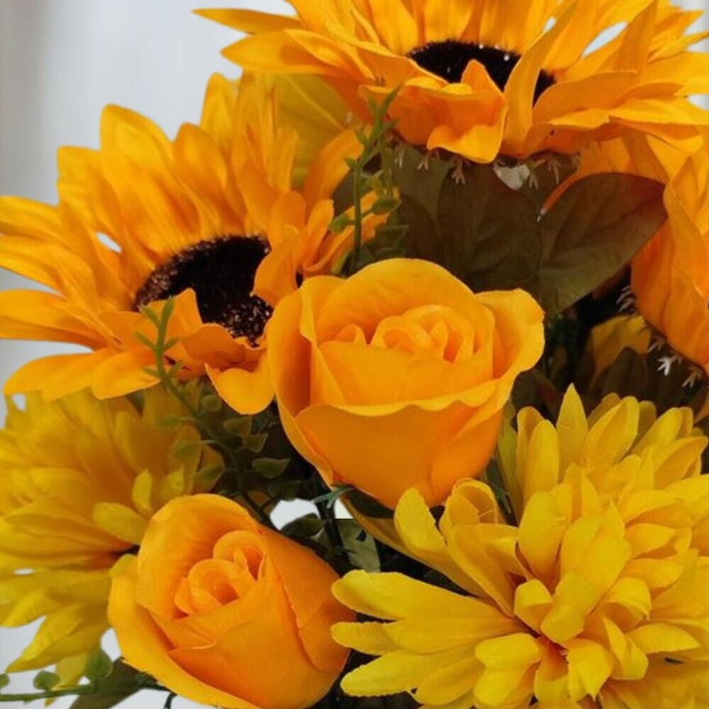 16″ Yellow Gold Artificial Mixed Mum, Sunflower & Rose Floral Bush