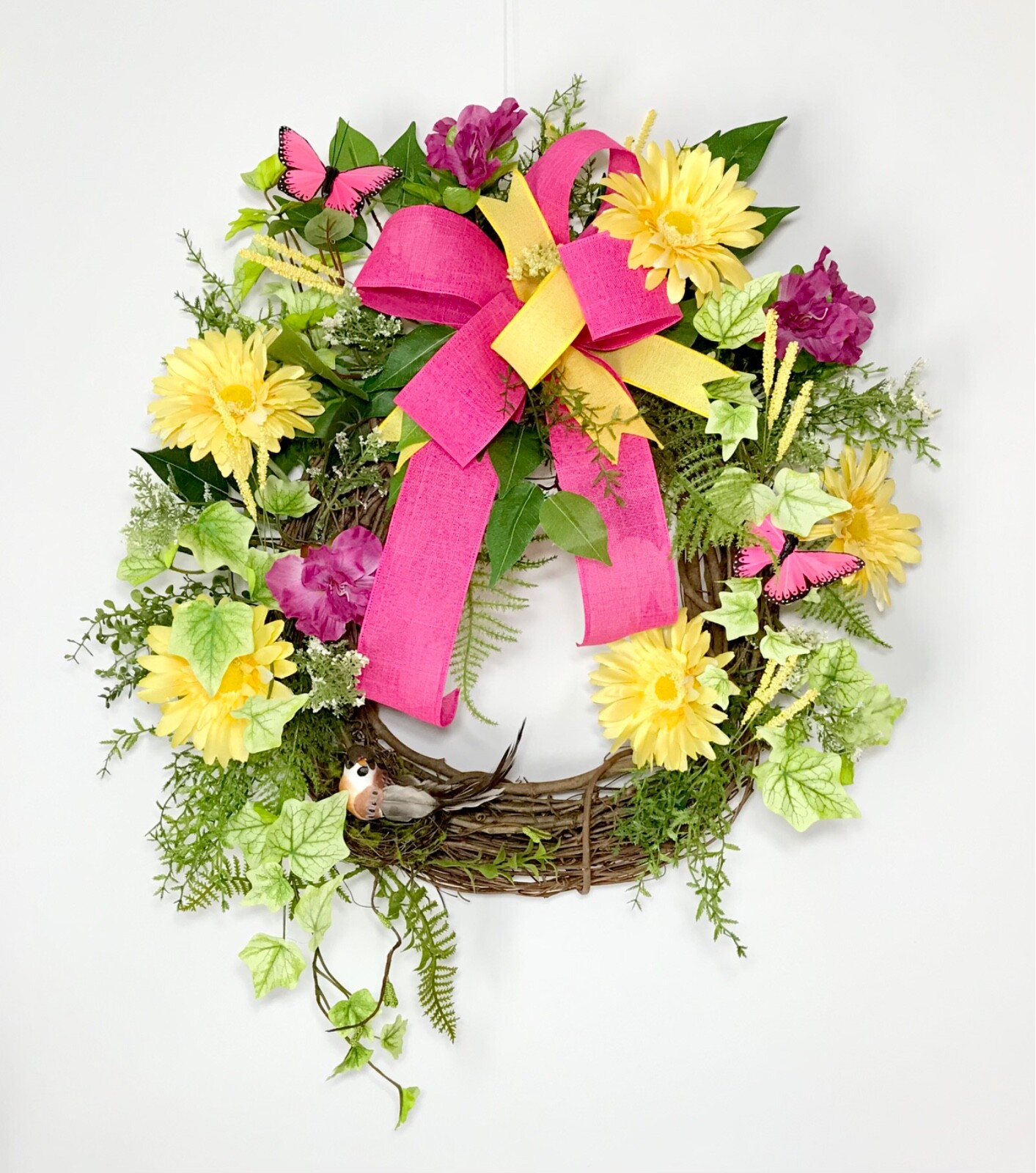 SPRING SUMMER GRAPEVINE BRIGHT YELLOW WREATH DECORATION RIBBON BOW HANDMADE NEW