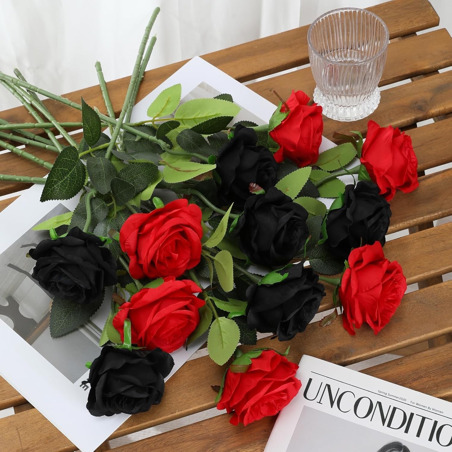 Artificial Roses 12 Pcs Black and Red Silk Flowers for Home Decor Centerpieces