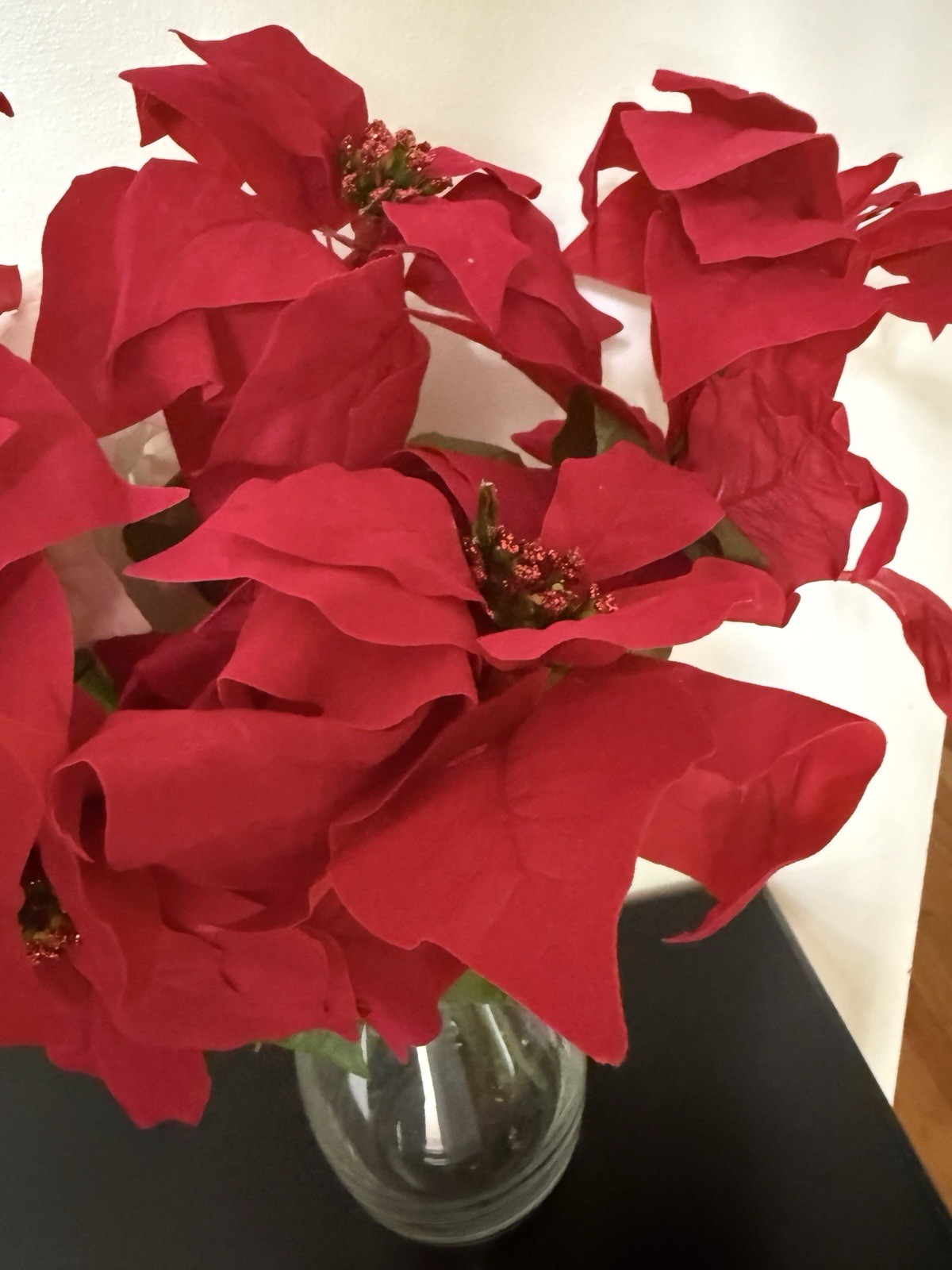 Poinsettia Flower Stems Artificial Cloth Flowers 5 Stems 4 Red 1 White 18” Tall