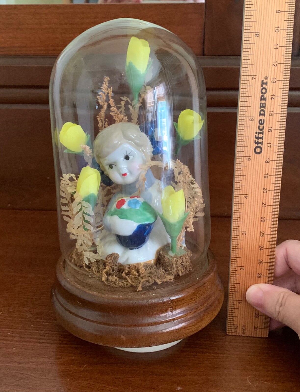 Vintage MCM Musical SpInning Floral Cloche Dome Terrarium Mid-Century Decor