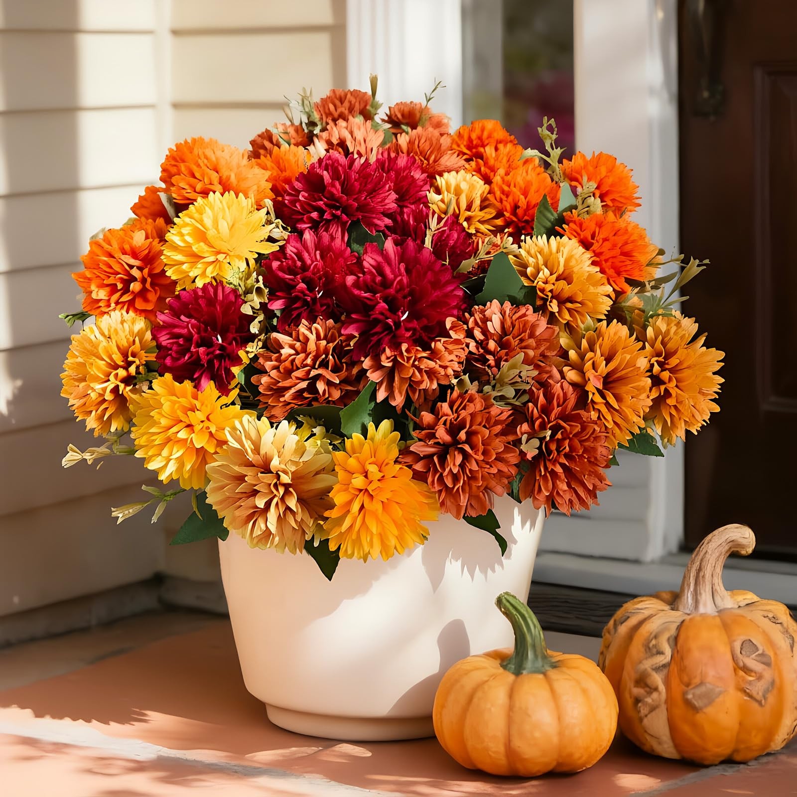 10Pcs Fake Flowers Artificial Mums for Outdoors,UV Resistant Faux Mums for Ou…